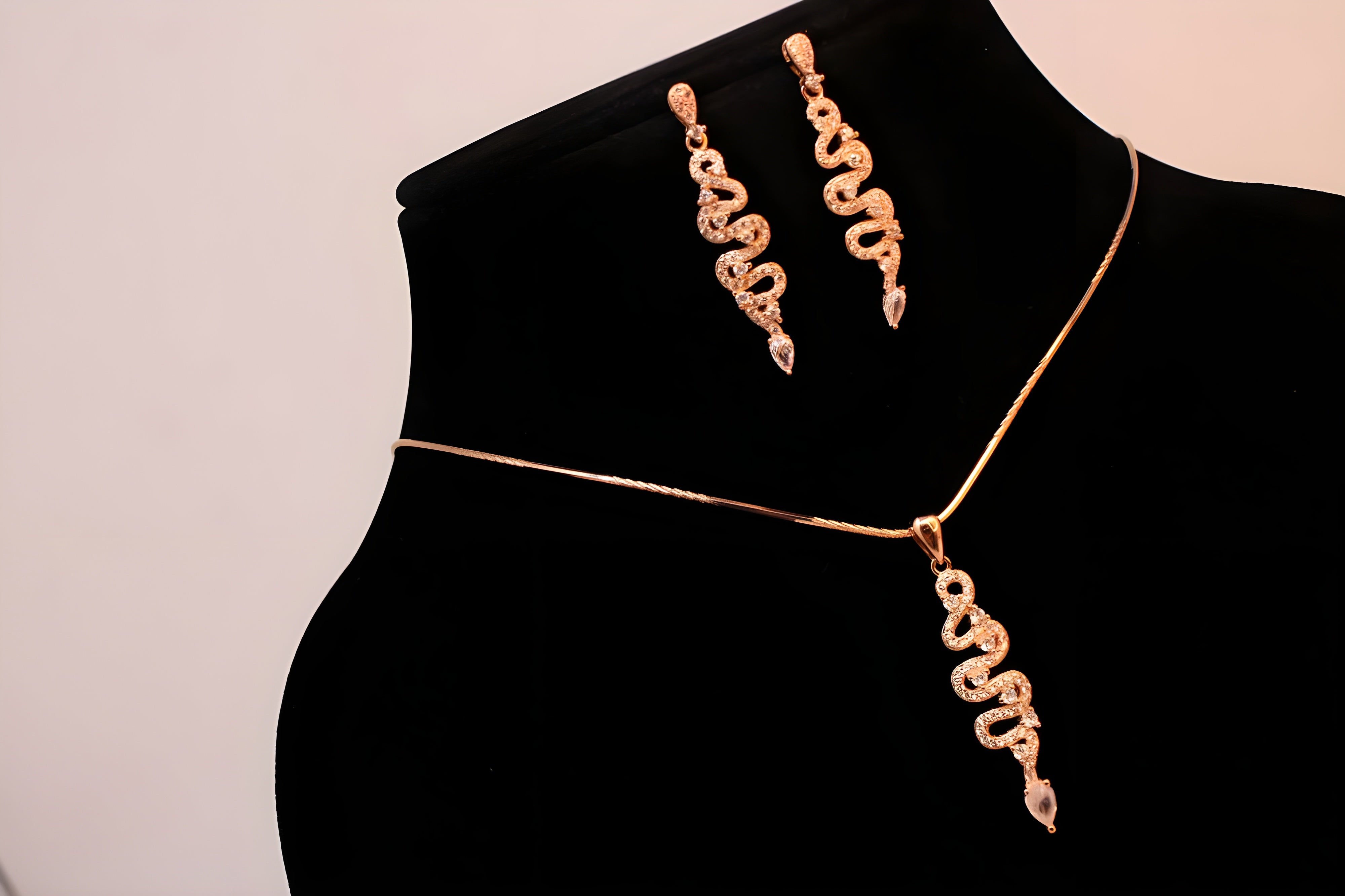 Rose Gold Serpentine Sparkle Jewelry Set - Long Drop Earrings & Pendant with Teardrop Diamonds