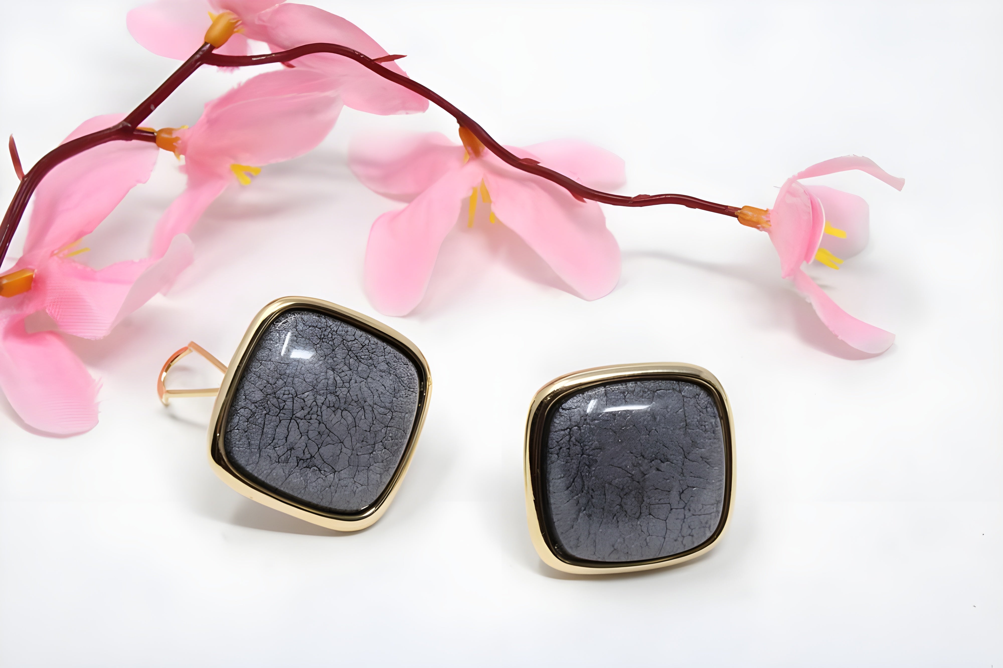 Gray Square with Gold Hooks Earrings