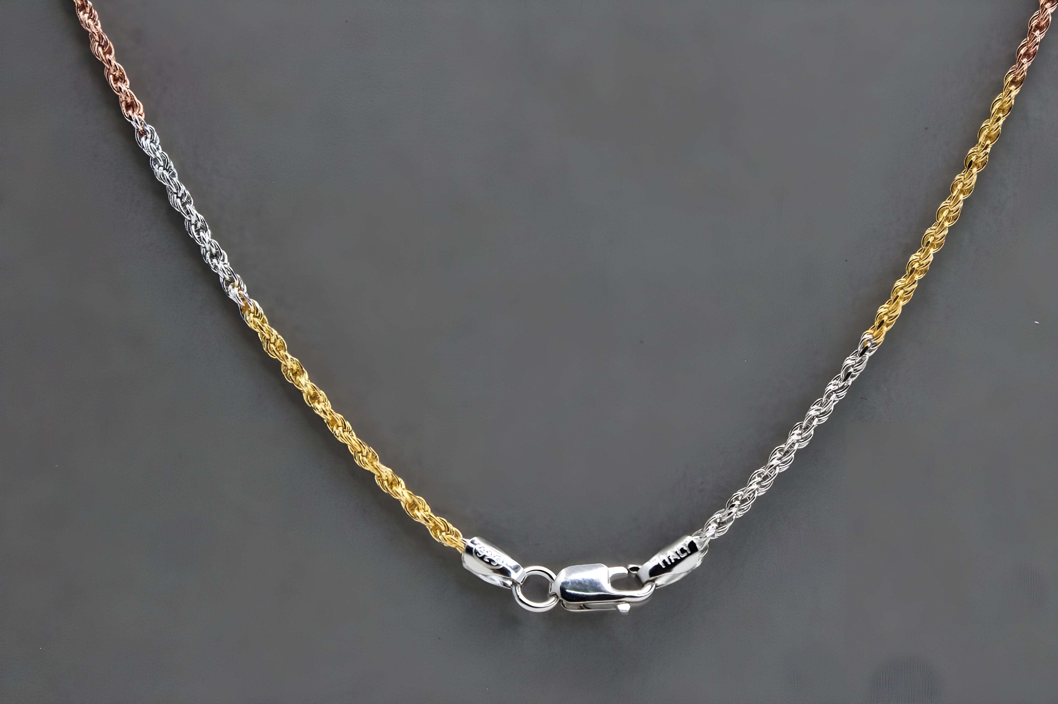 Elegant Tri-Tone Sterling Silver Rope Chain - A Luxe Blend of Silver, Gold, and Rose Gold