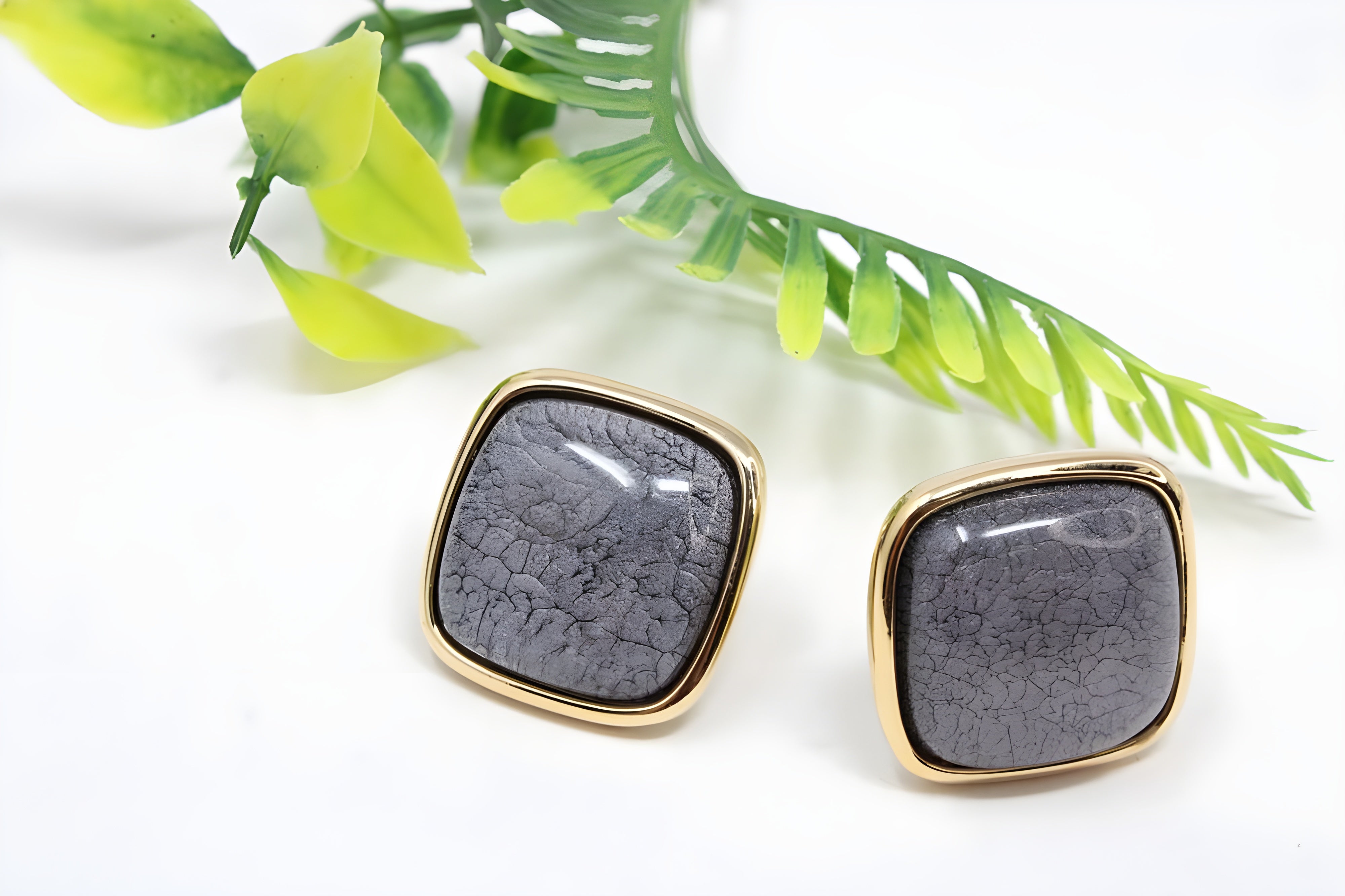 Gray Square with Gold Hooks Earrings