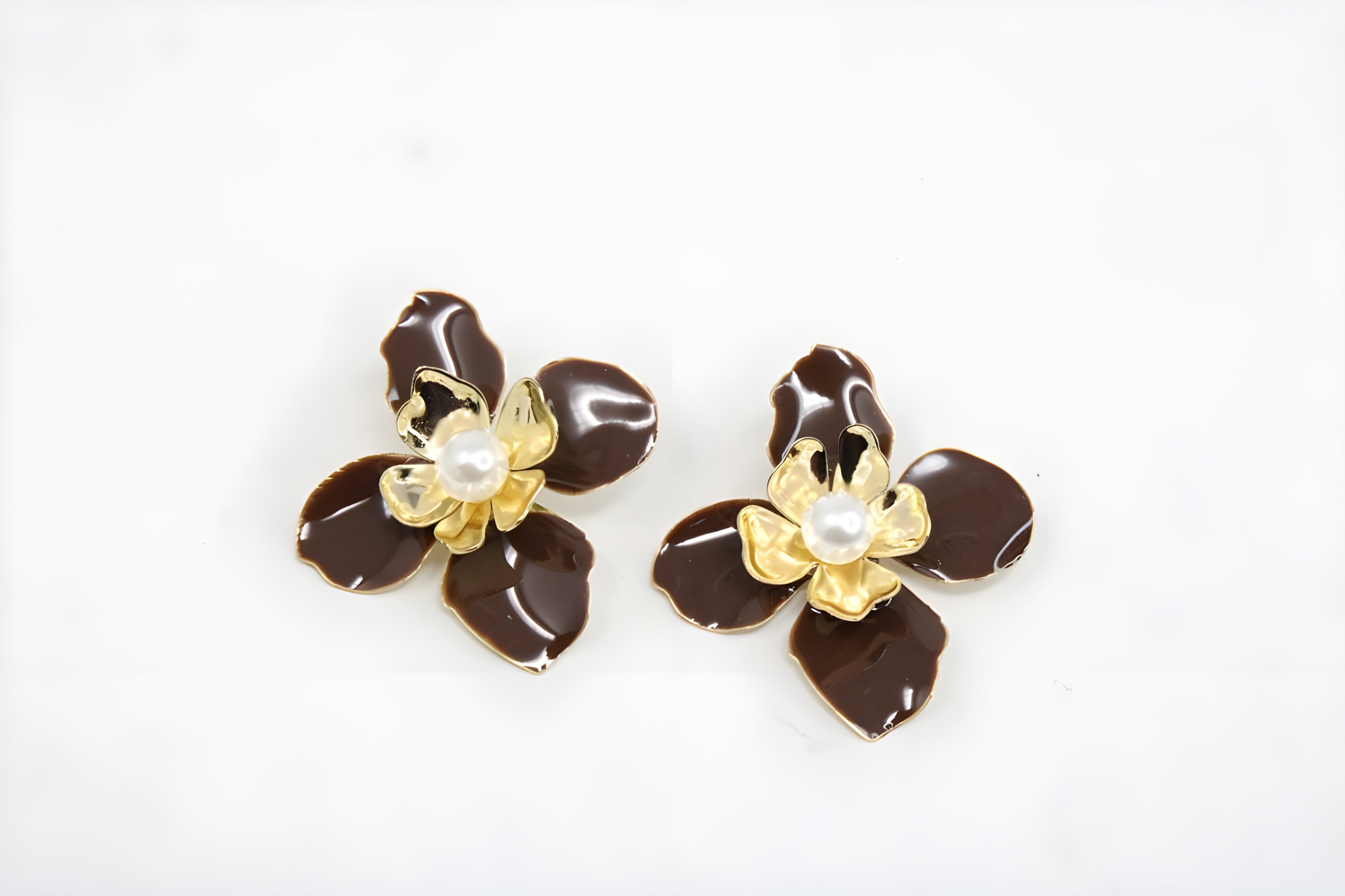 Brown Flower Earrings with Freshwater Pearl Center