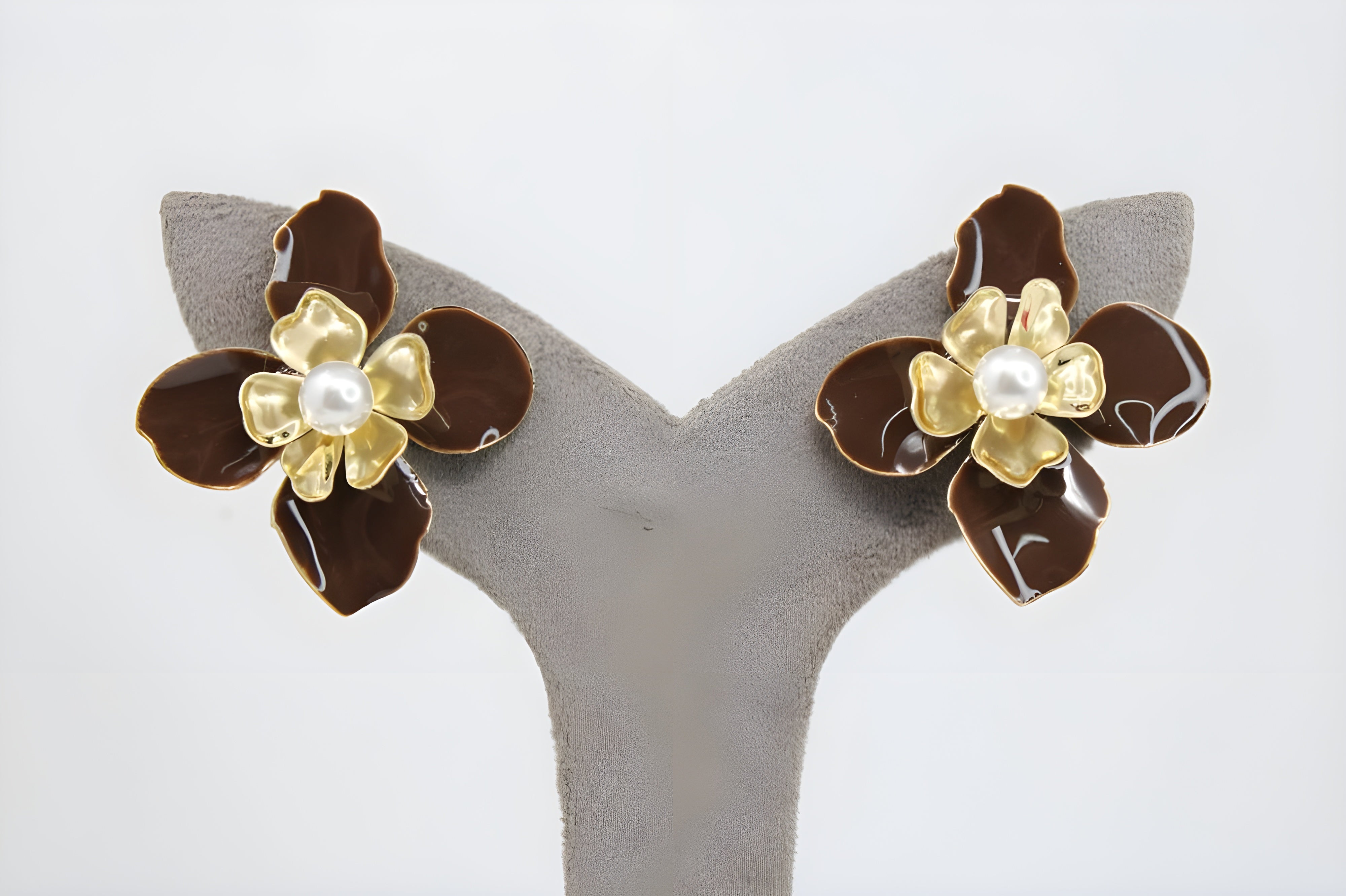 Brown Flower Earrings with Freshwater Pearl Center