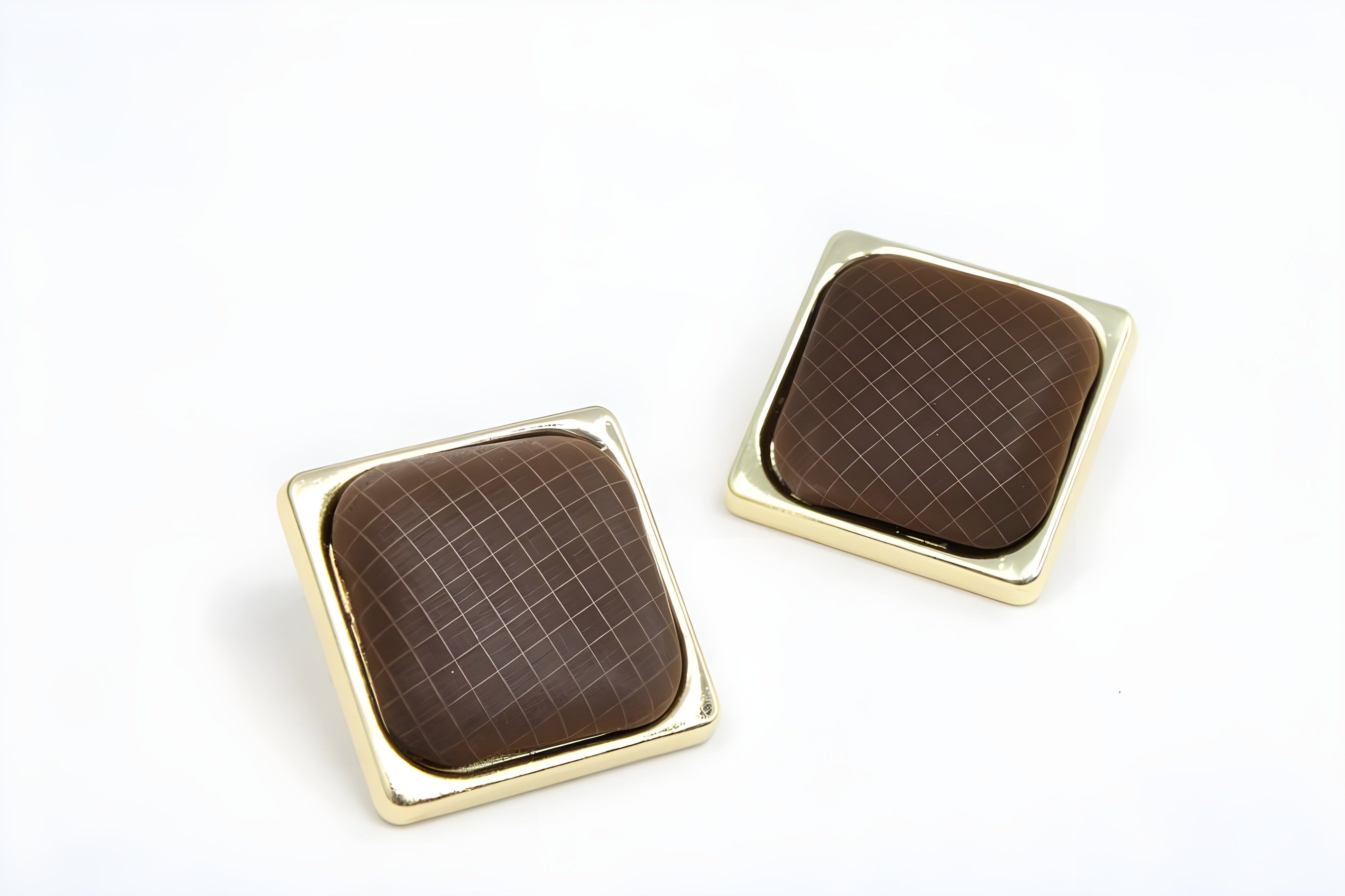 Brown Square Stud Earrings with Gold Frame