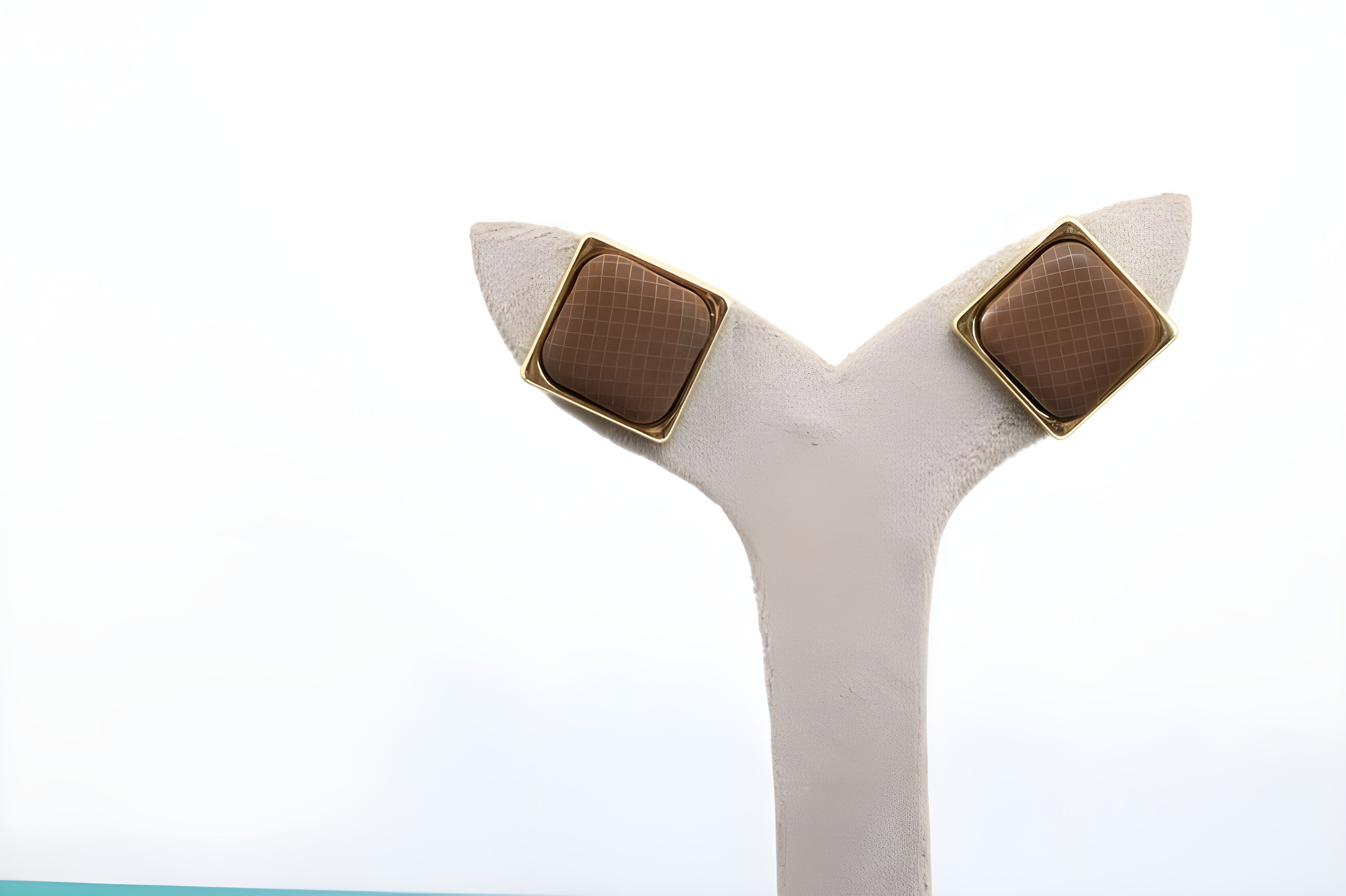 Brown Square Stud Earrings with Gold Frame