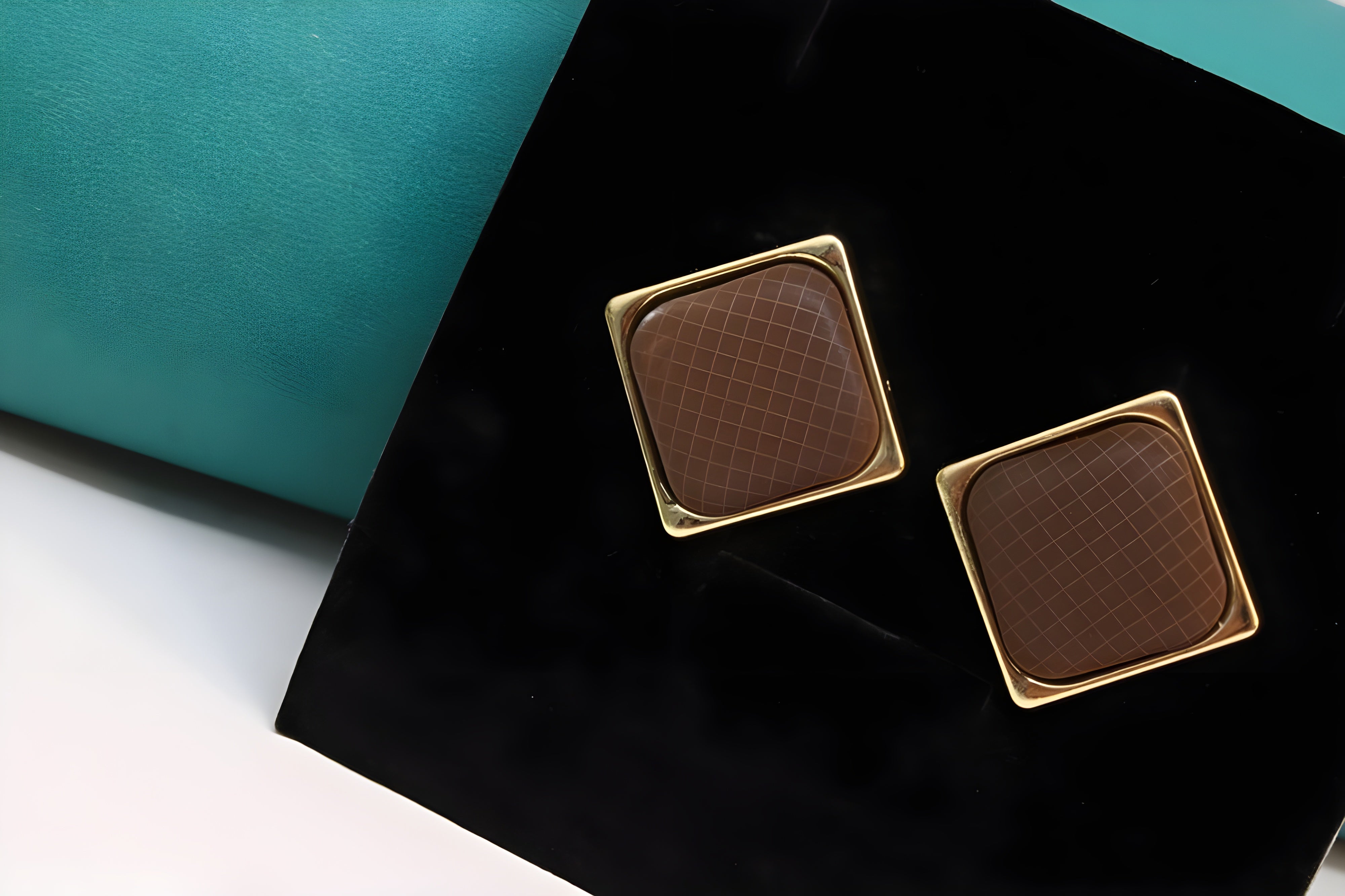 Brown Square Stud Earrings with Gold Frame