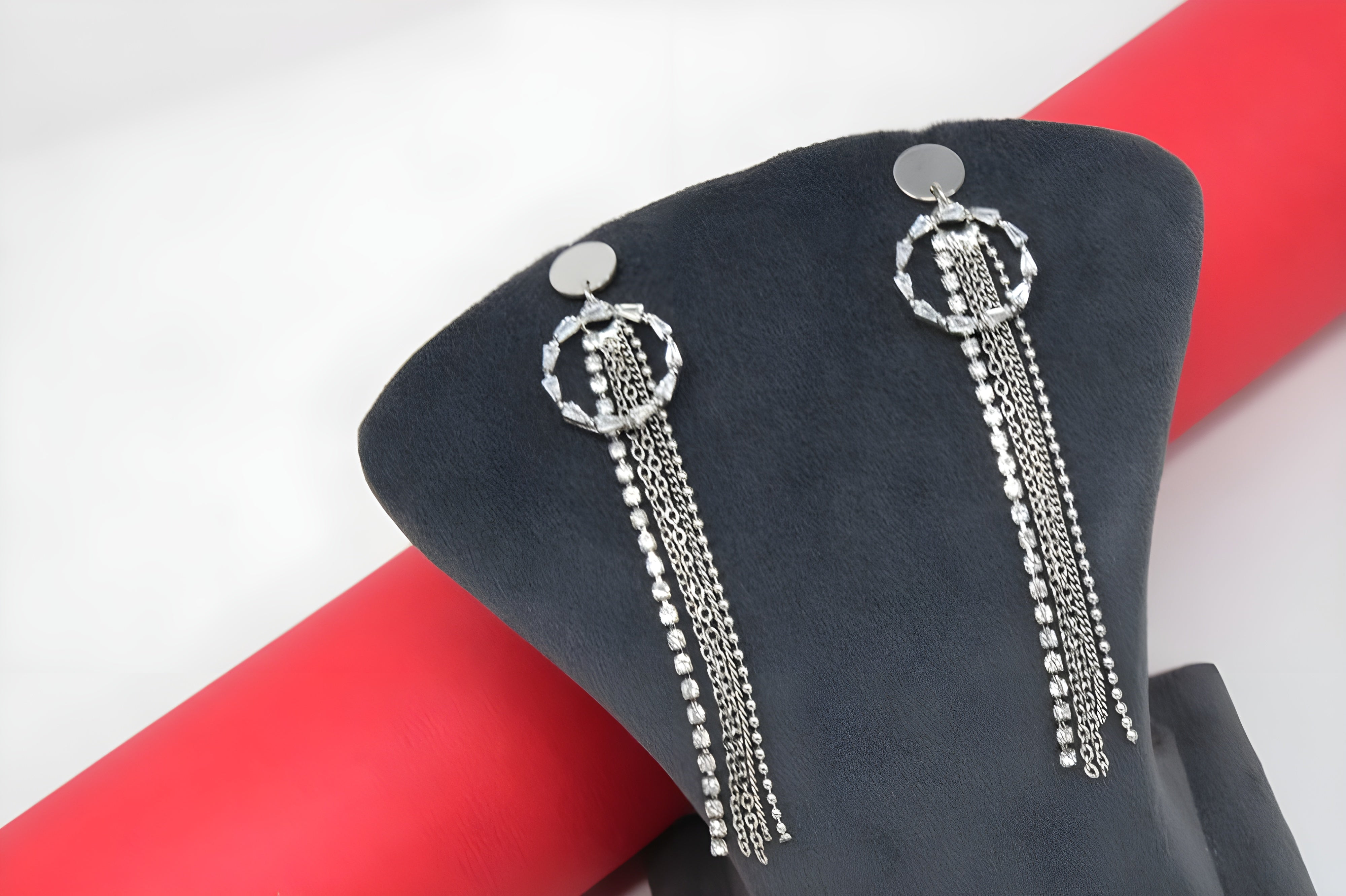 Silver Dangling Chain Earrings with Rhinestones