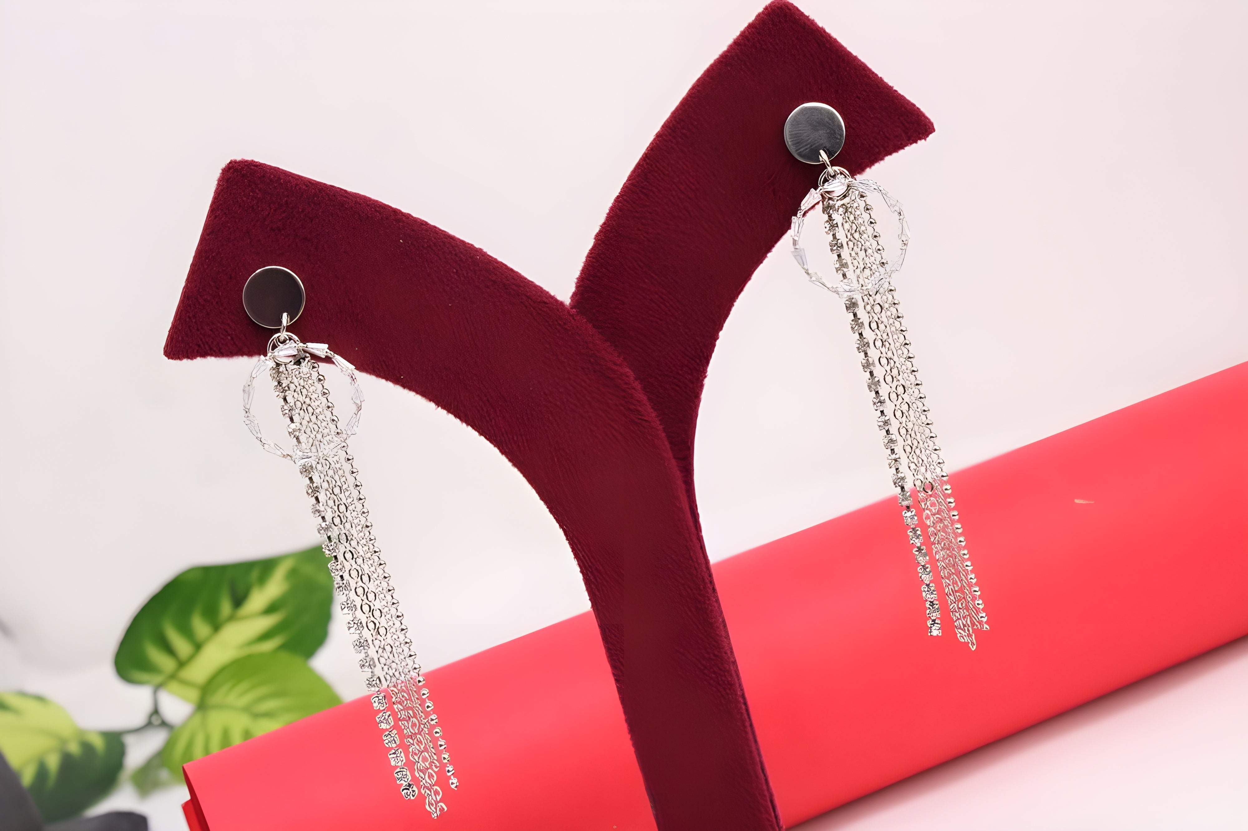 Silver Dangling Chain Earrings with Rhinestones