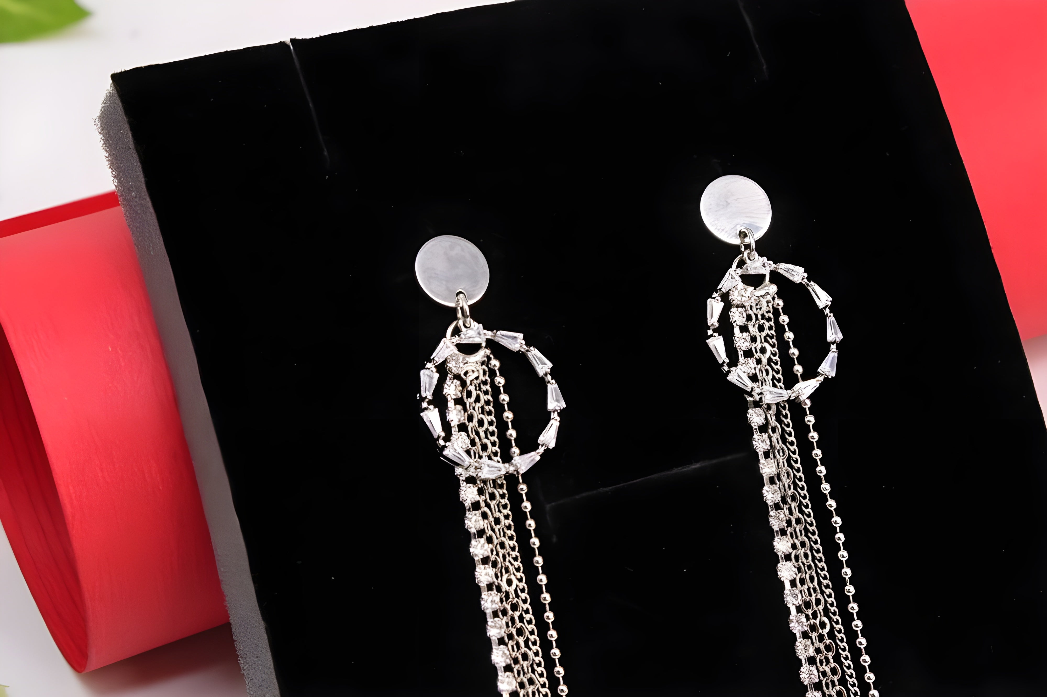 Silver Dangling Chain Earrings with Rhinestones