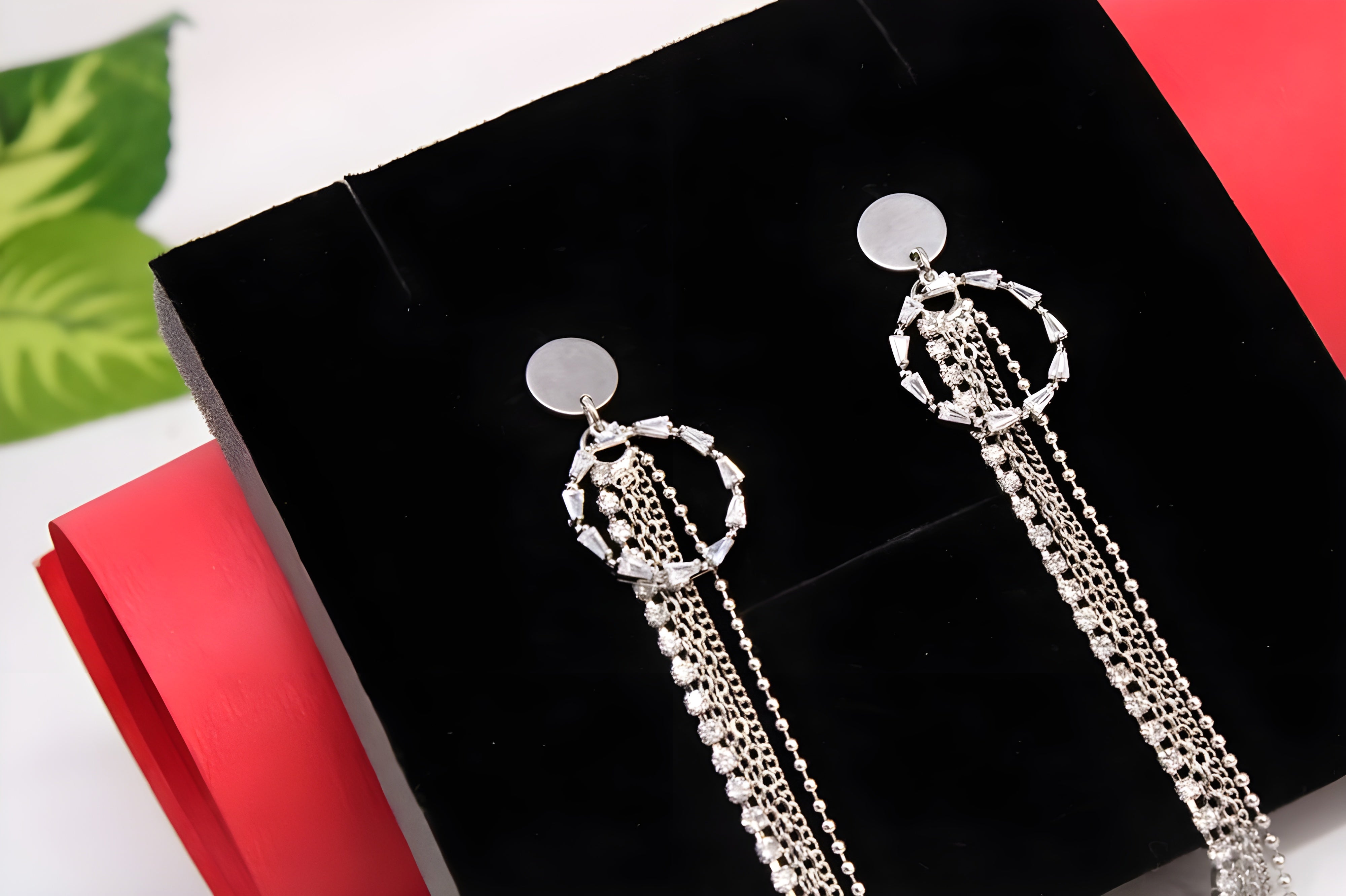 Silver Dangling Chain Earrings with Rhinestones