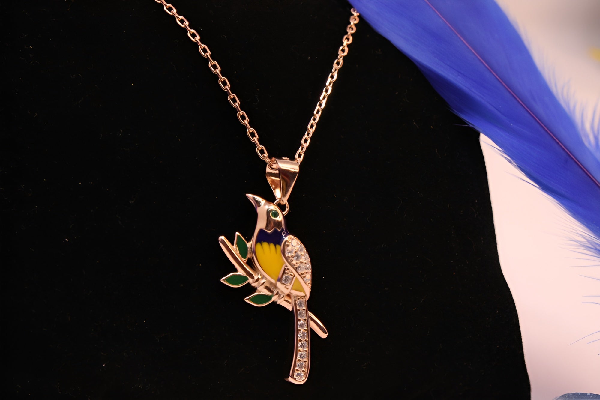 Sterling Silver with Copper-Gold Color Black and Yellow Bird Pendant