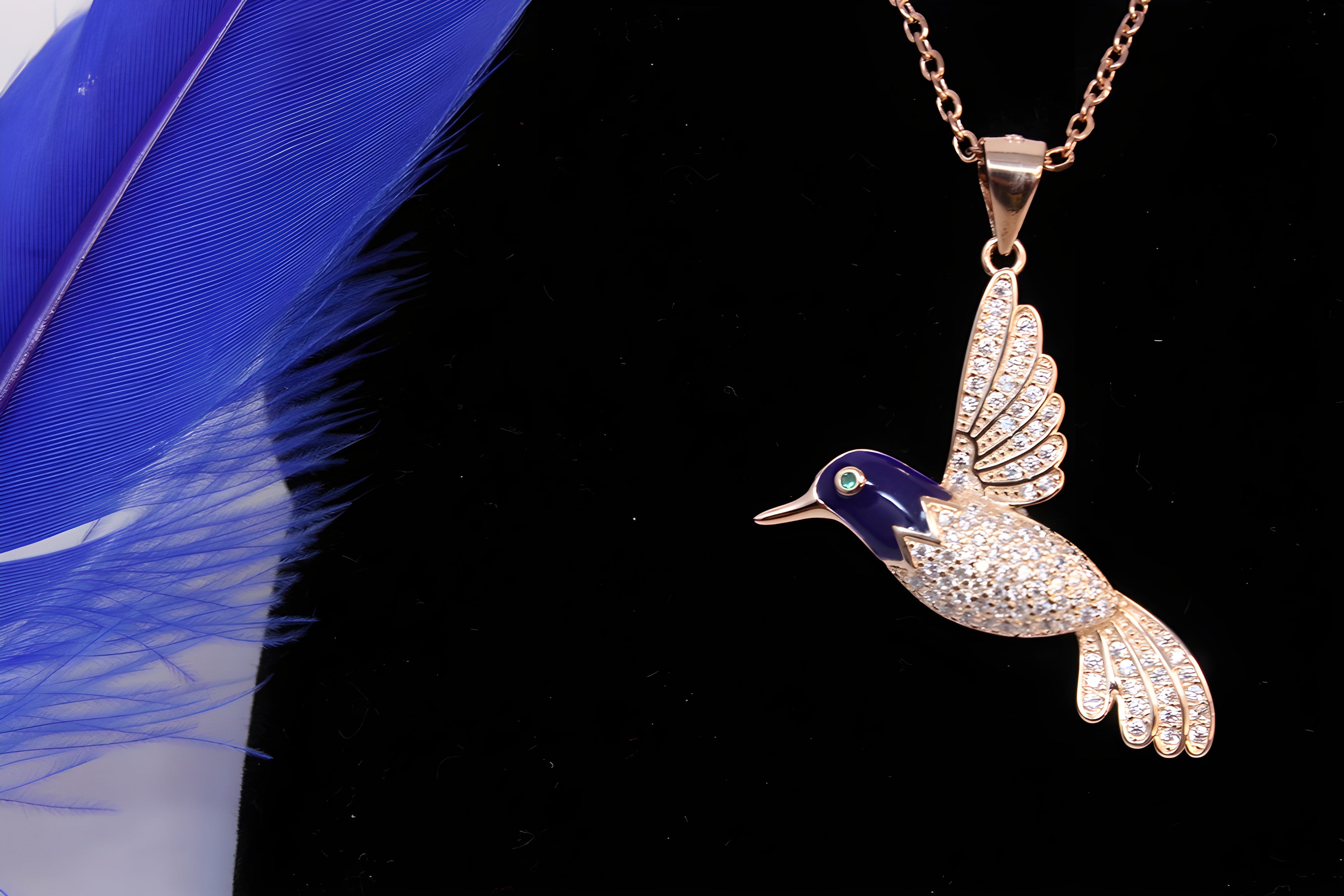 Sterling Silver with Copper-Gold Color Dark Blue Bird Pendant