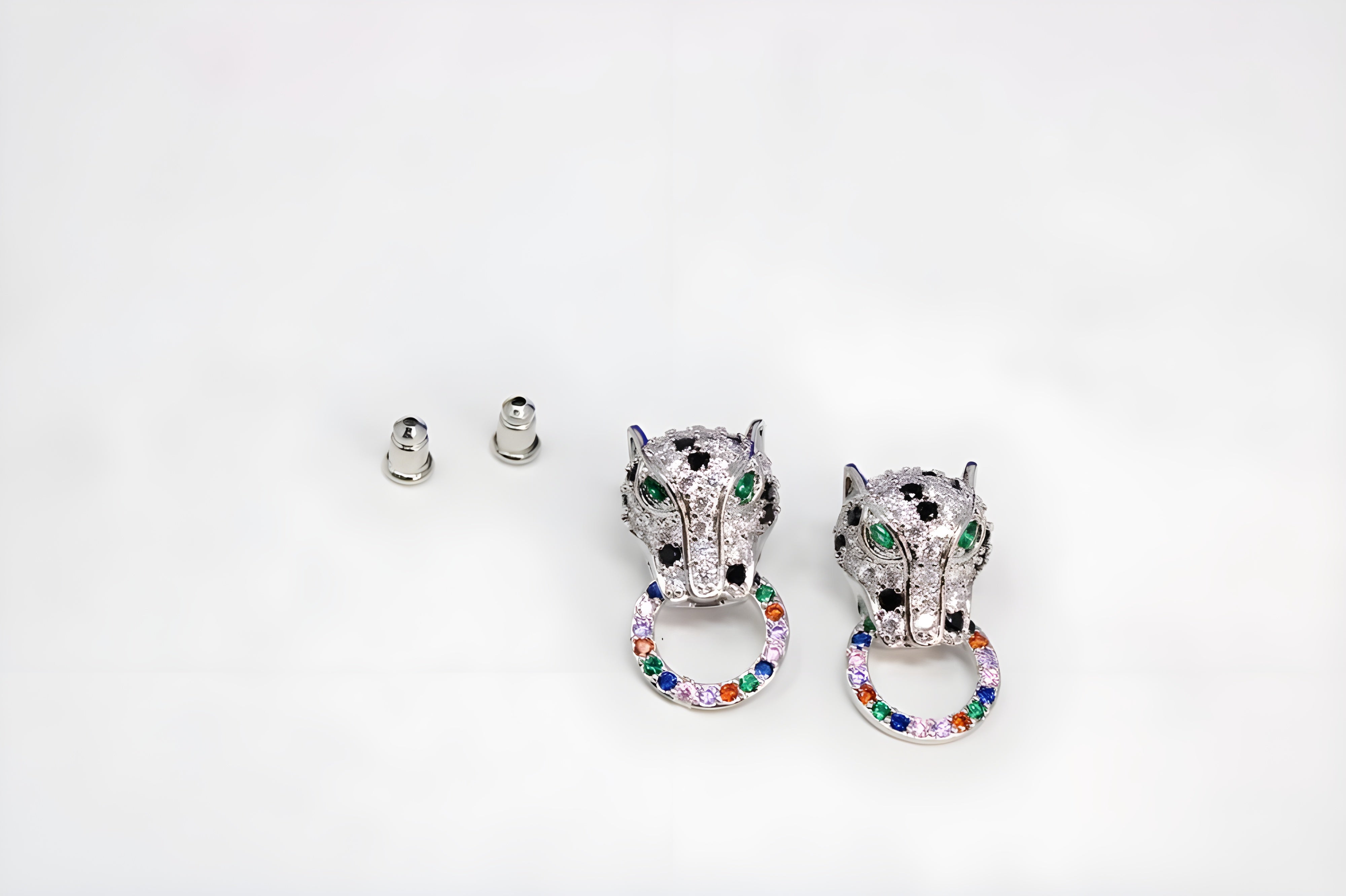 Sterling Silver Tiger Earrings with Multi-Gemstone Cluster