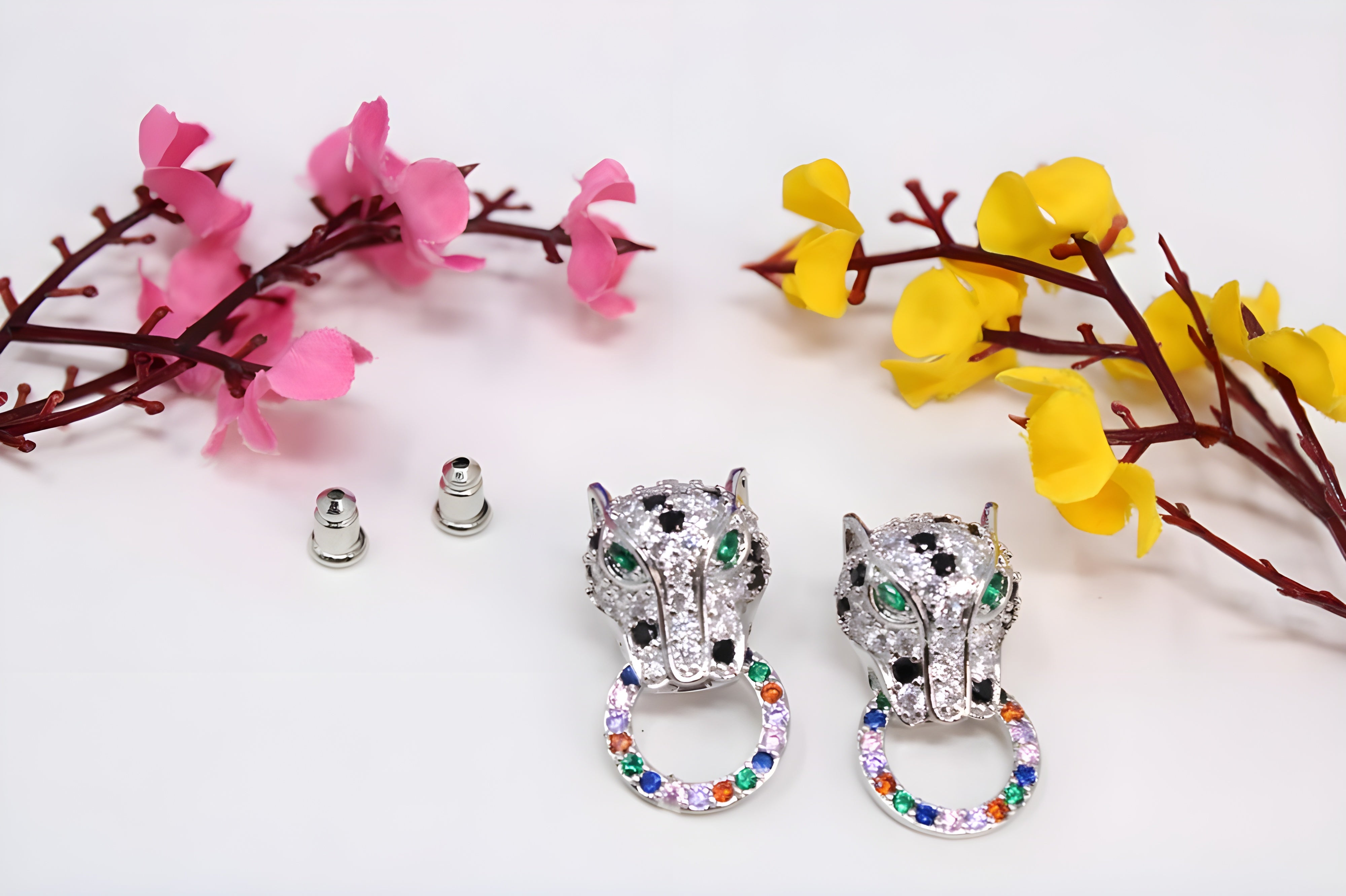 Sterling Silver Tiger Earrings with Multi-Gemstone Cluster