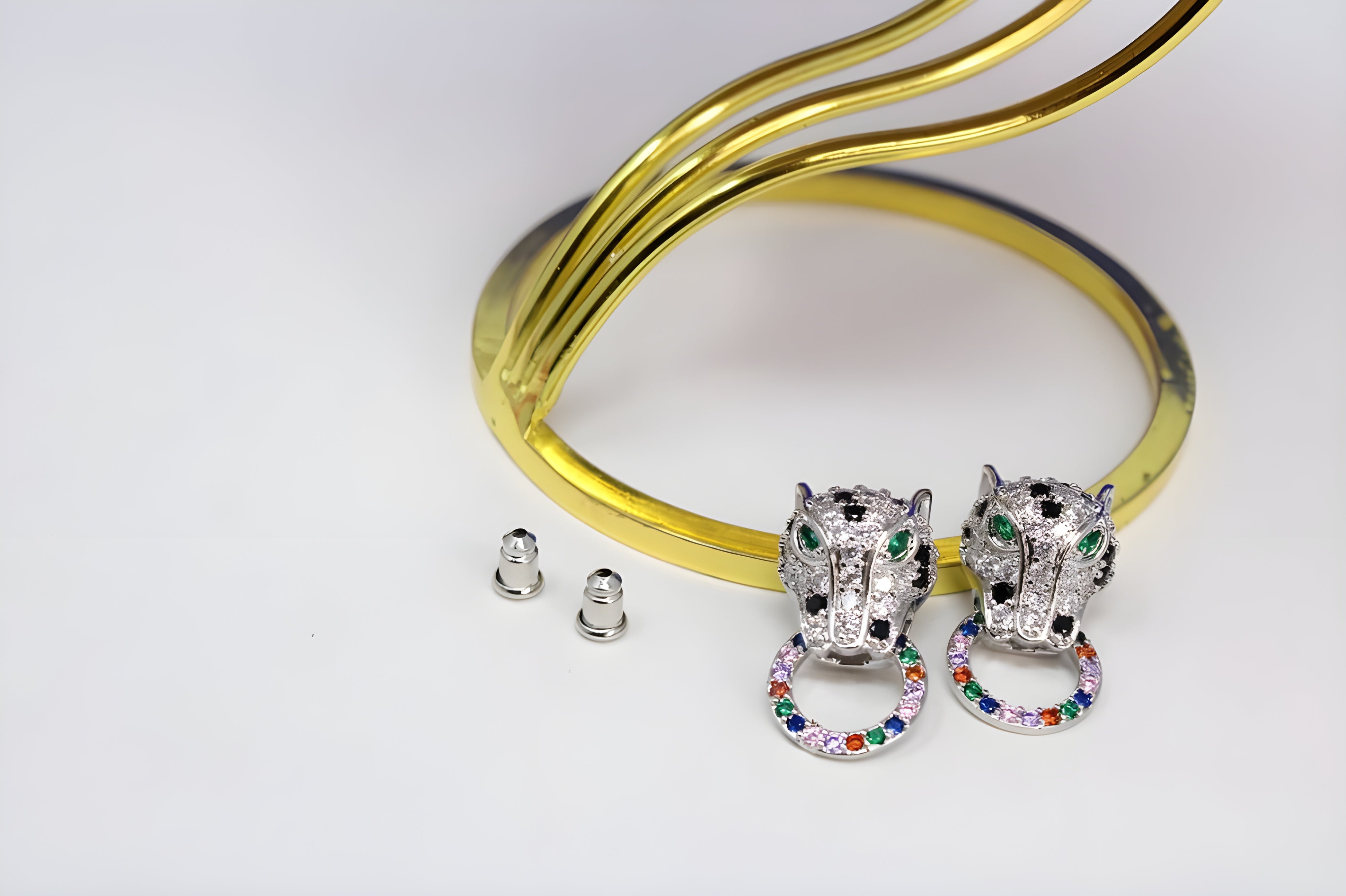 Sterling Silver Tiger Earrings with Multi-Gemstone Cluster