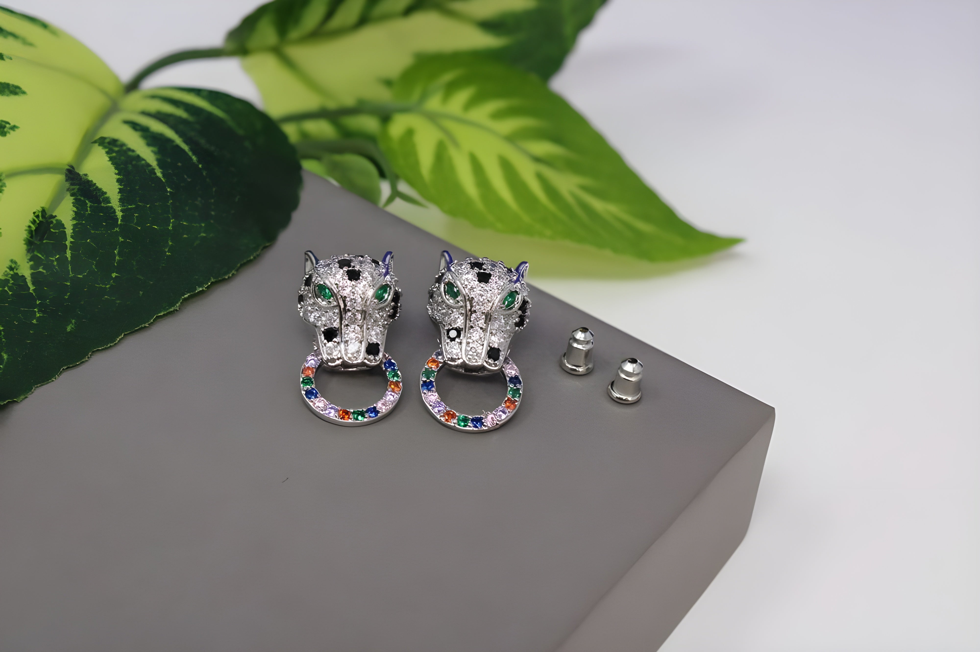 Sterling Silver Tiger Earrings with Multi-Gemstone Cluster