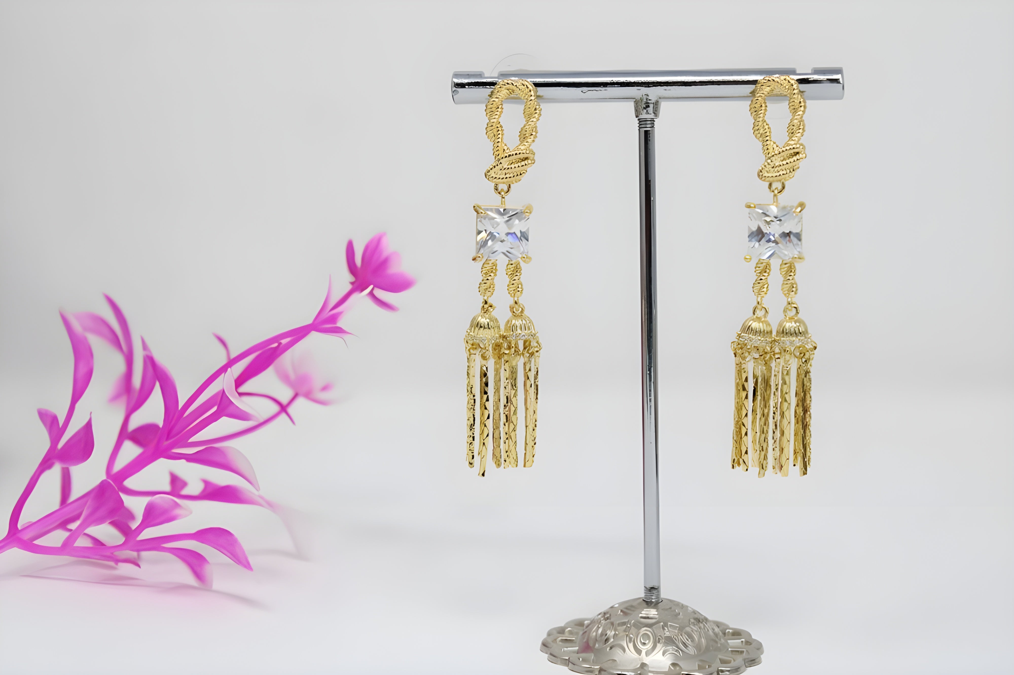 Square Diamond and Knotted Bell Drop Earrings in Sterling Silver