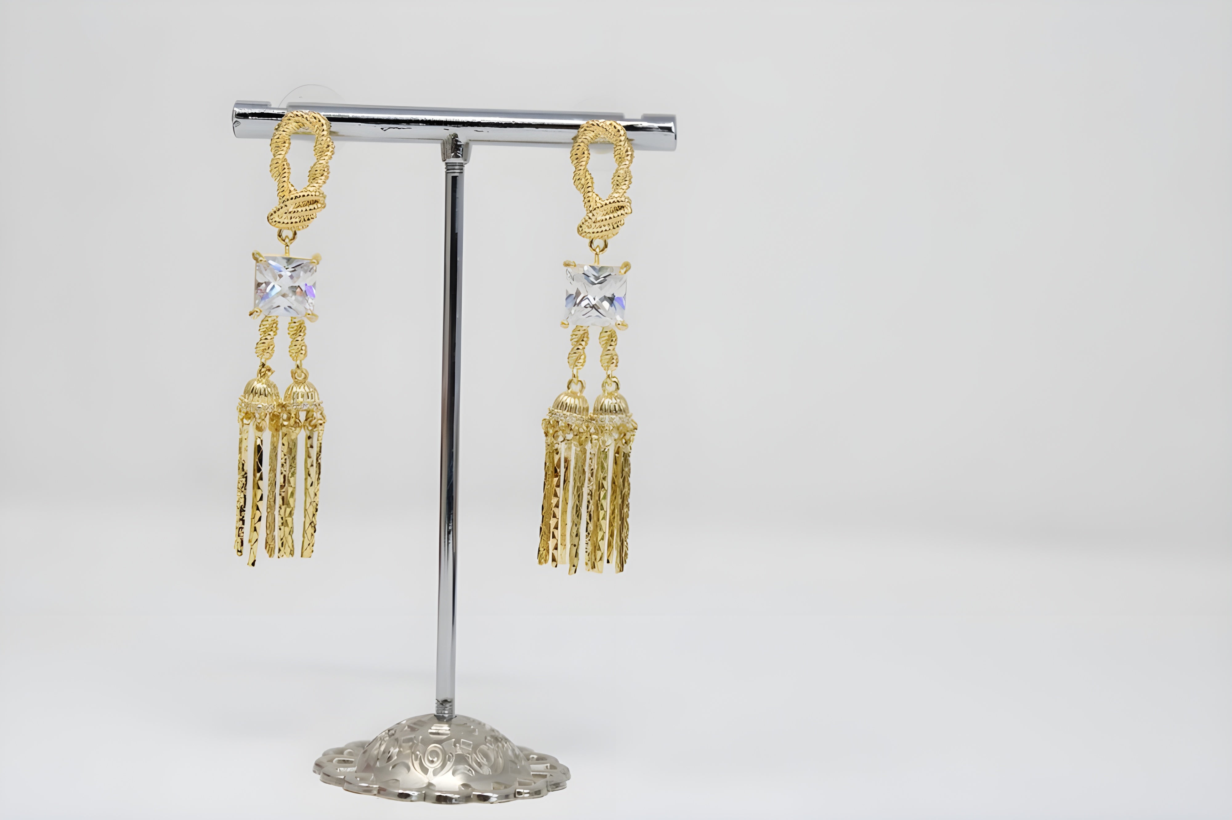 Square Diamond and Knotted Bell Drop Earrings in Sterling Silver