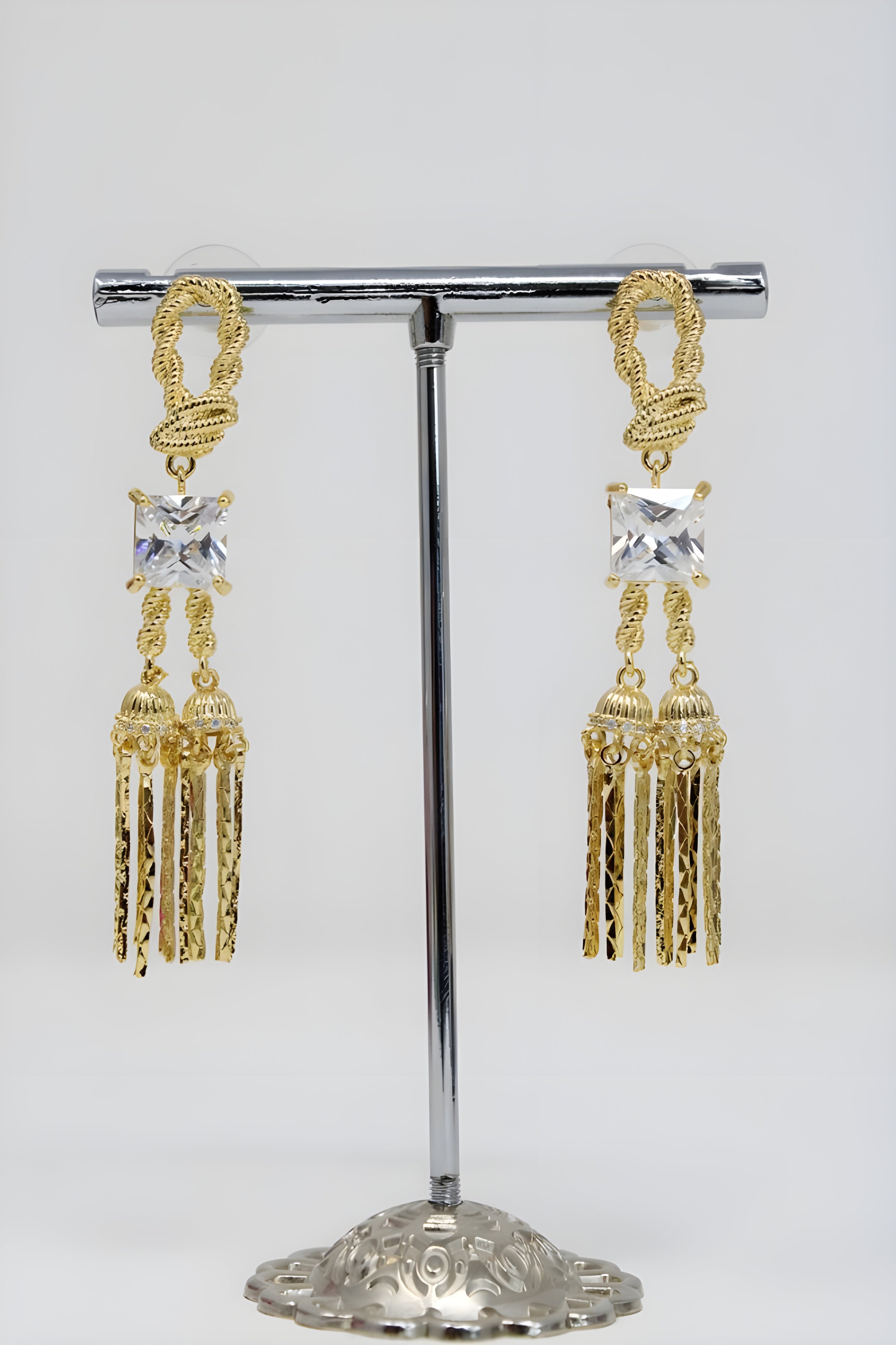 Square Diamond and Knotted Bell Drop Earrings in Sterling Silver