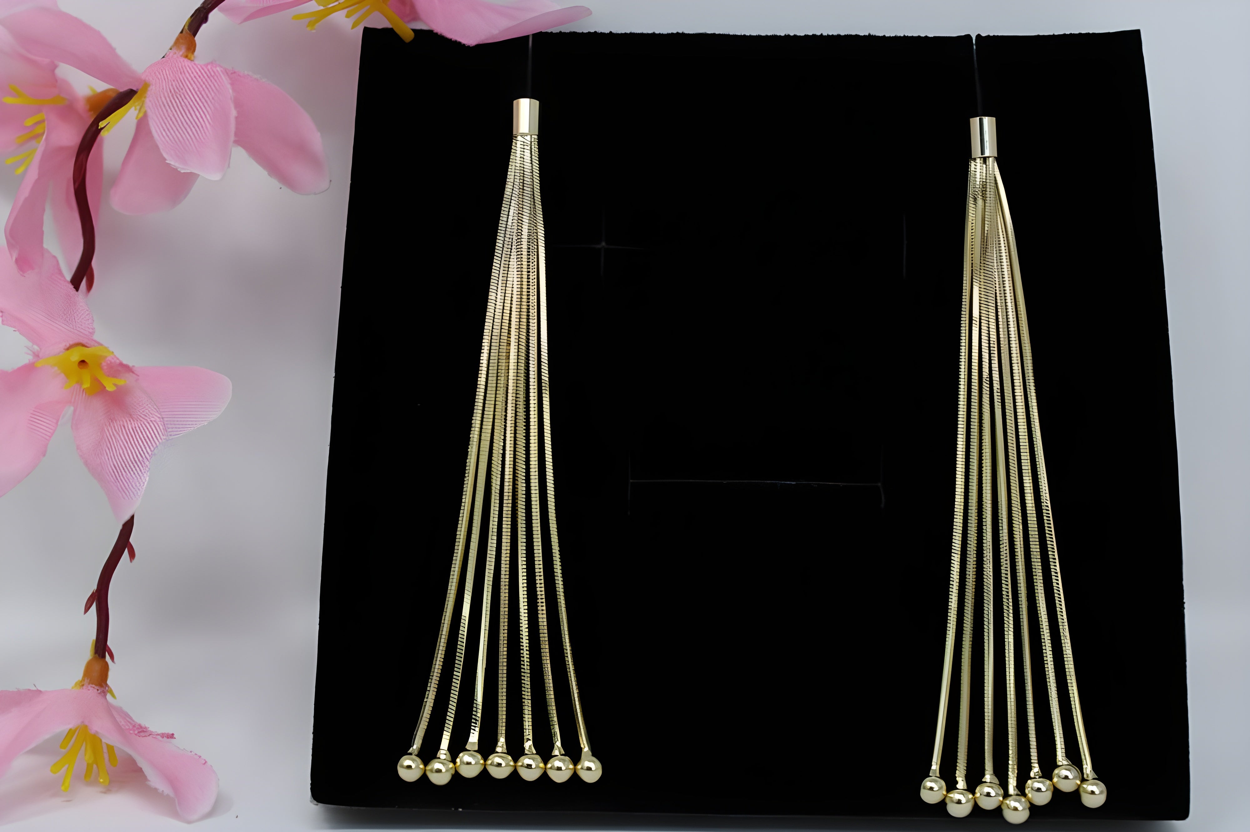 Gold Thread Earrings with Cascading Beadwork