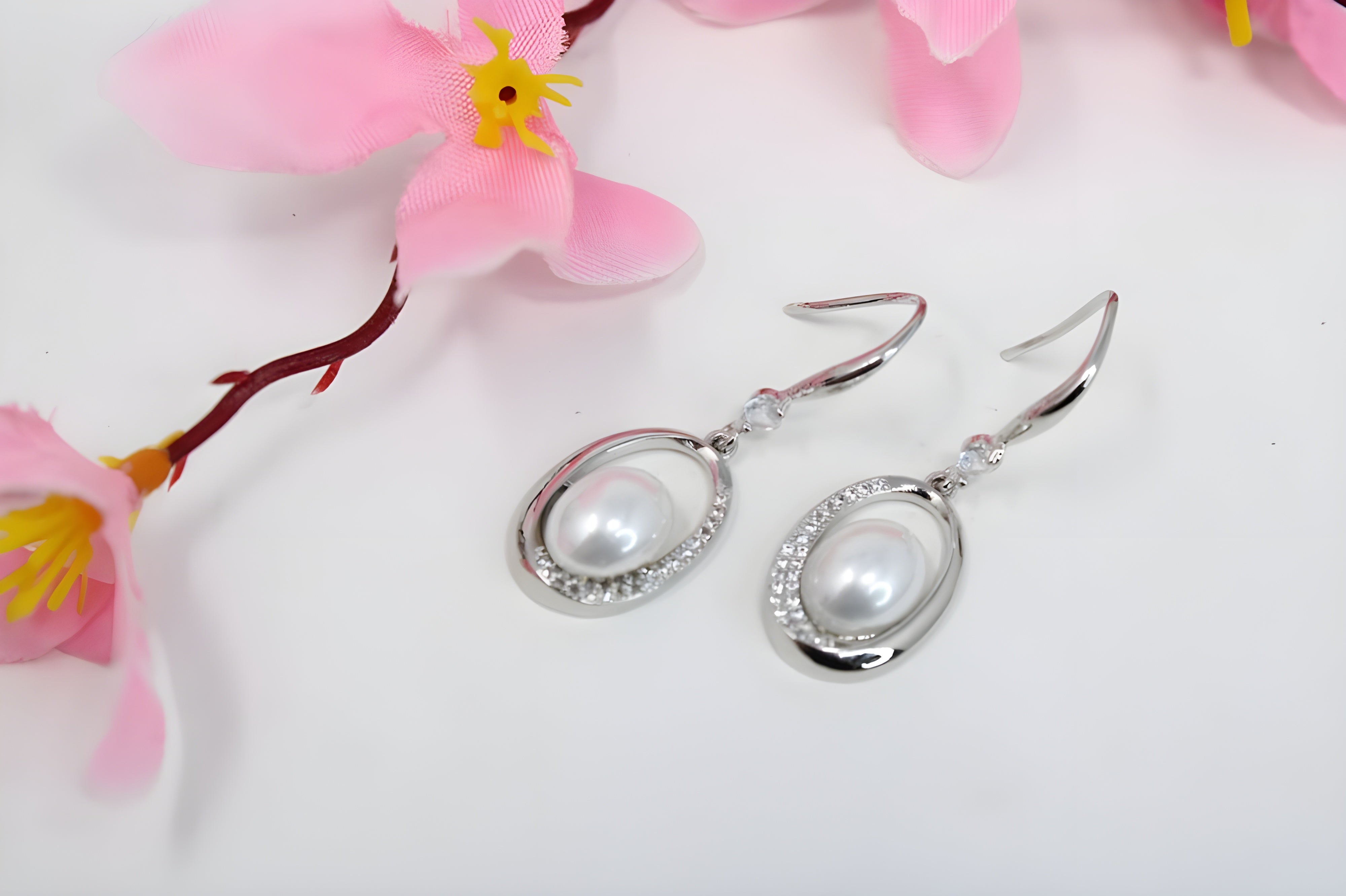 Asymmetrical Pearl and Crystal Drop Earrings with Diamond Accents