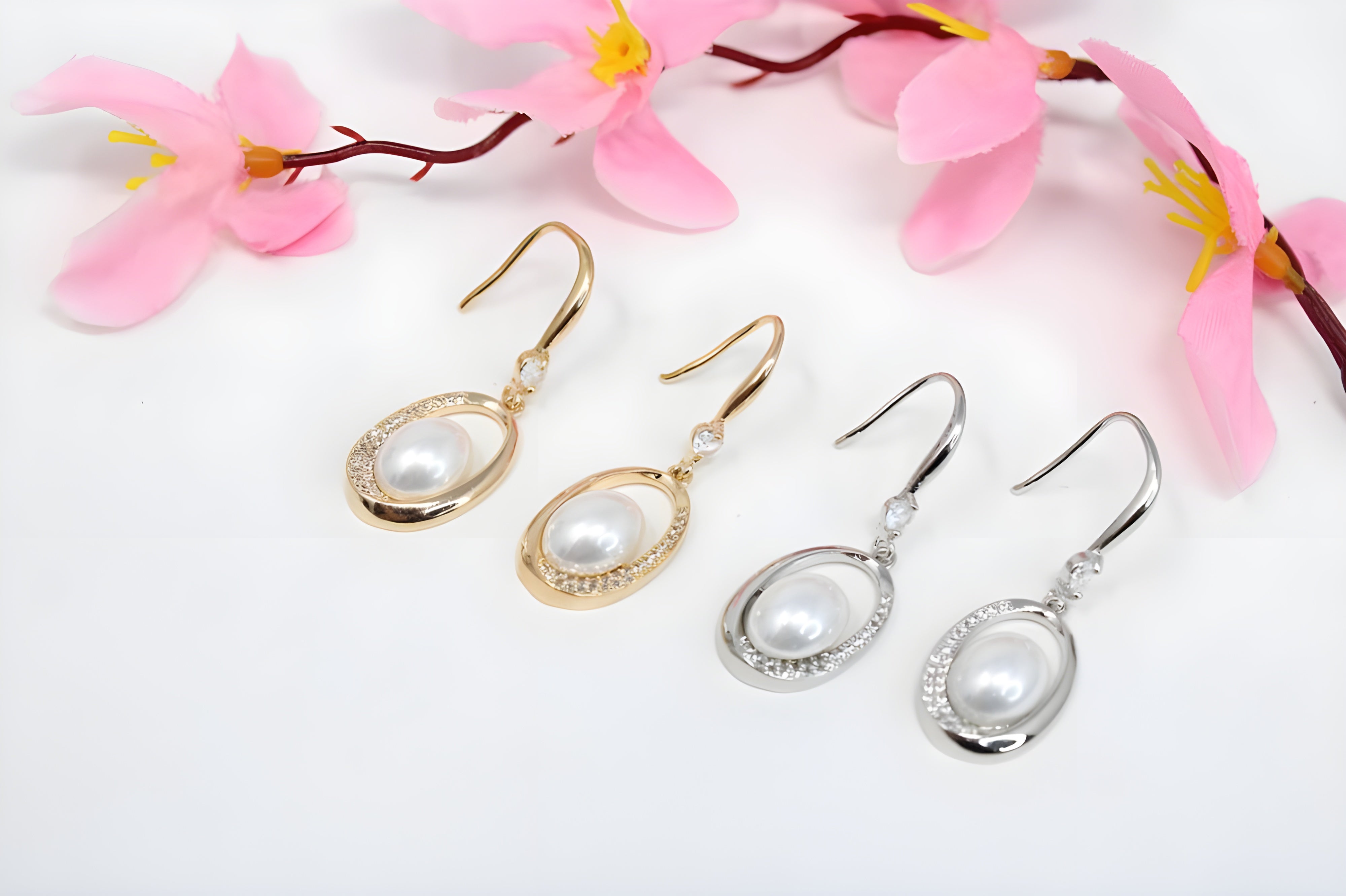 Asymmetrical Pearl and Crystal Drop Earrings with Diamond Accents