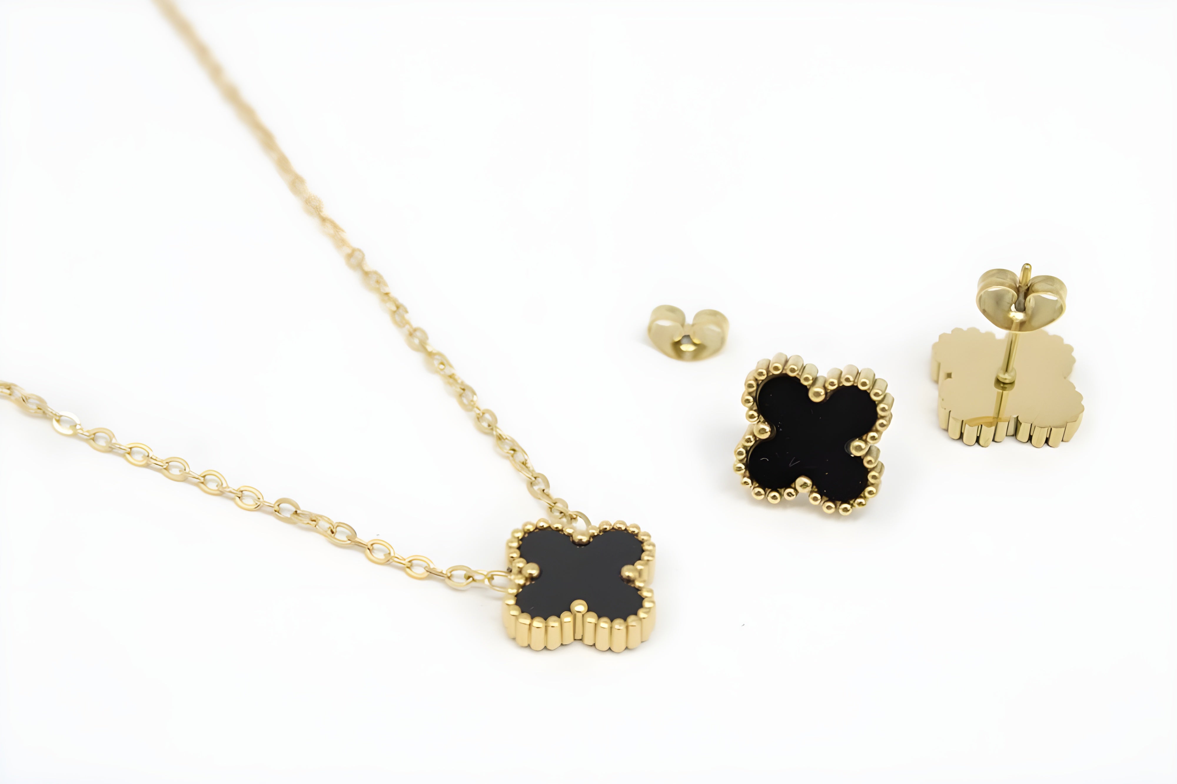 Golden Elegance Black Leaf Pendant Set