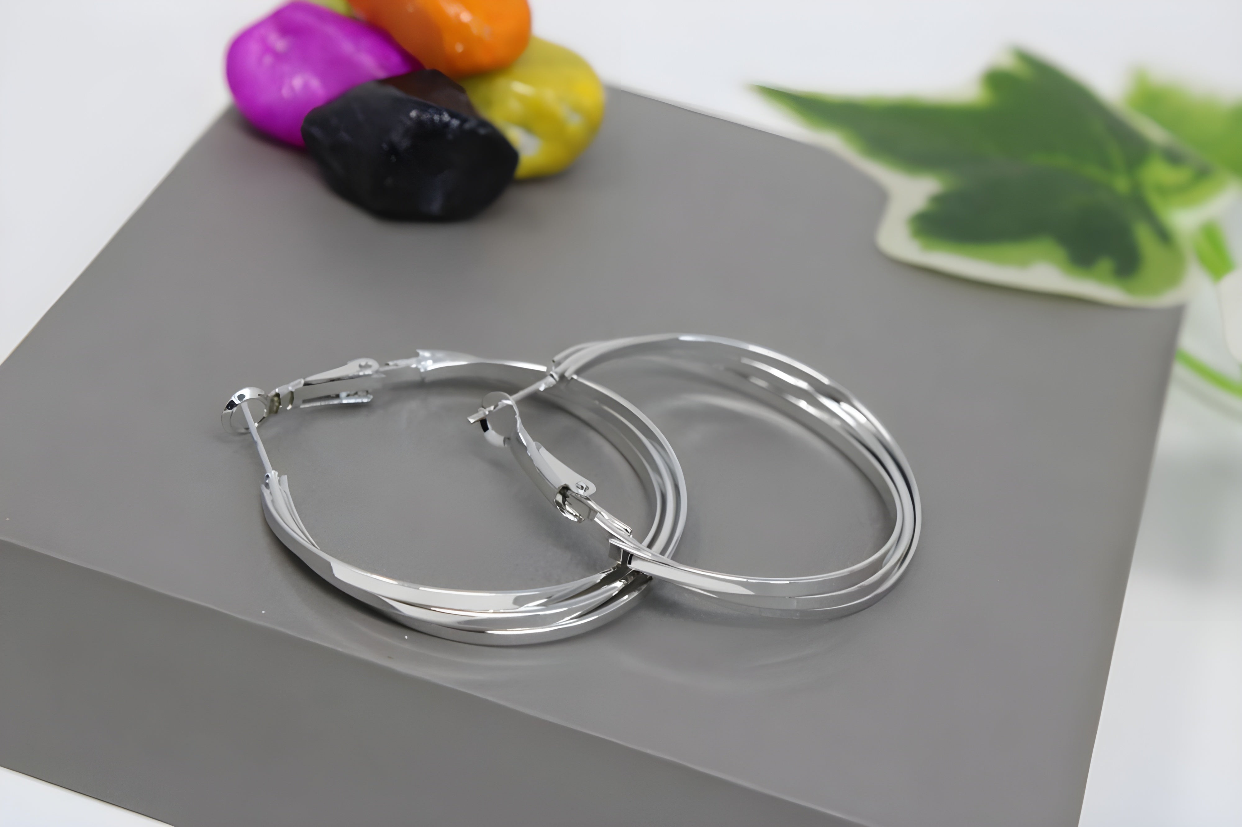 Tri-Line Textured Silver / Golden Hoop Earrings