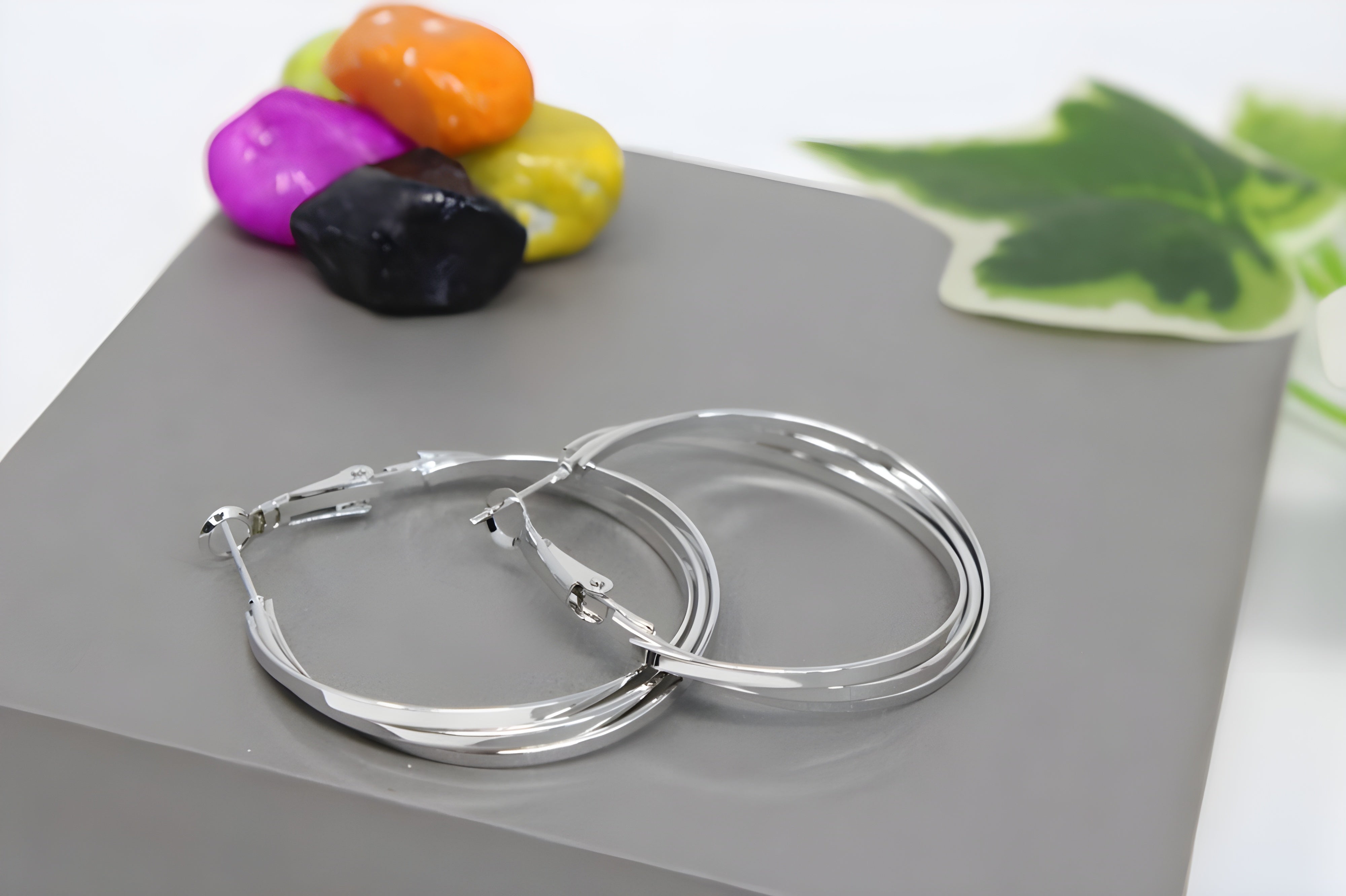 Tri-Line Textured Silver / Golden Hoop Earrings