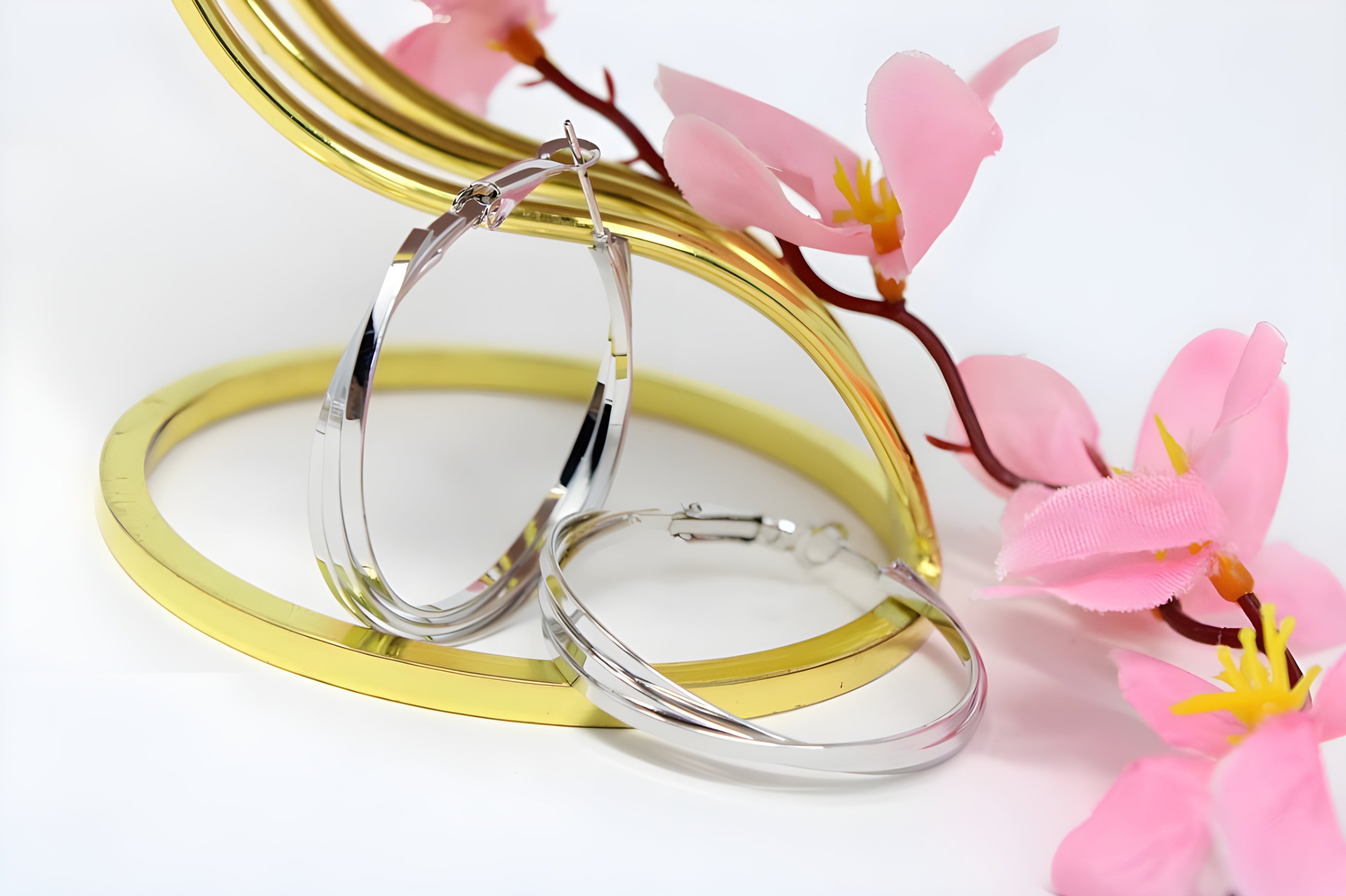 Tri-Line Textured Silver / Golden Hoop Earrings