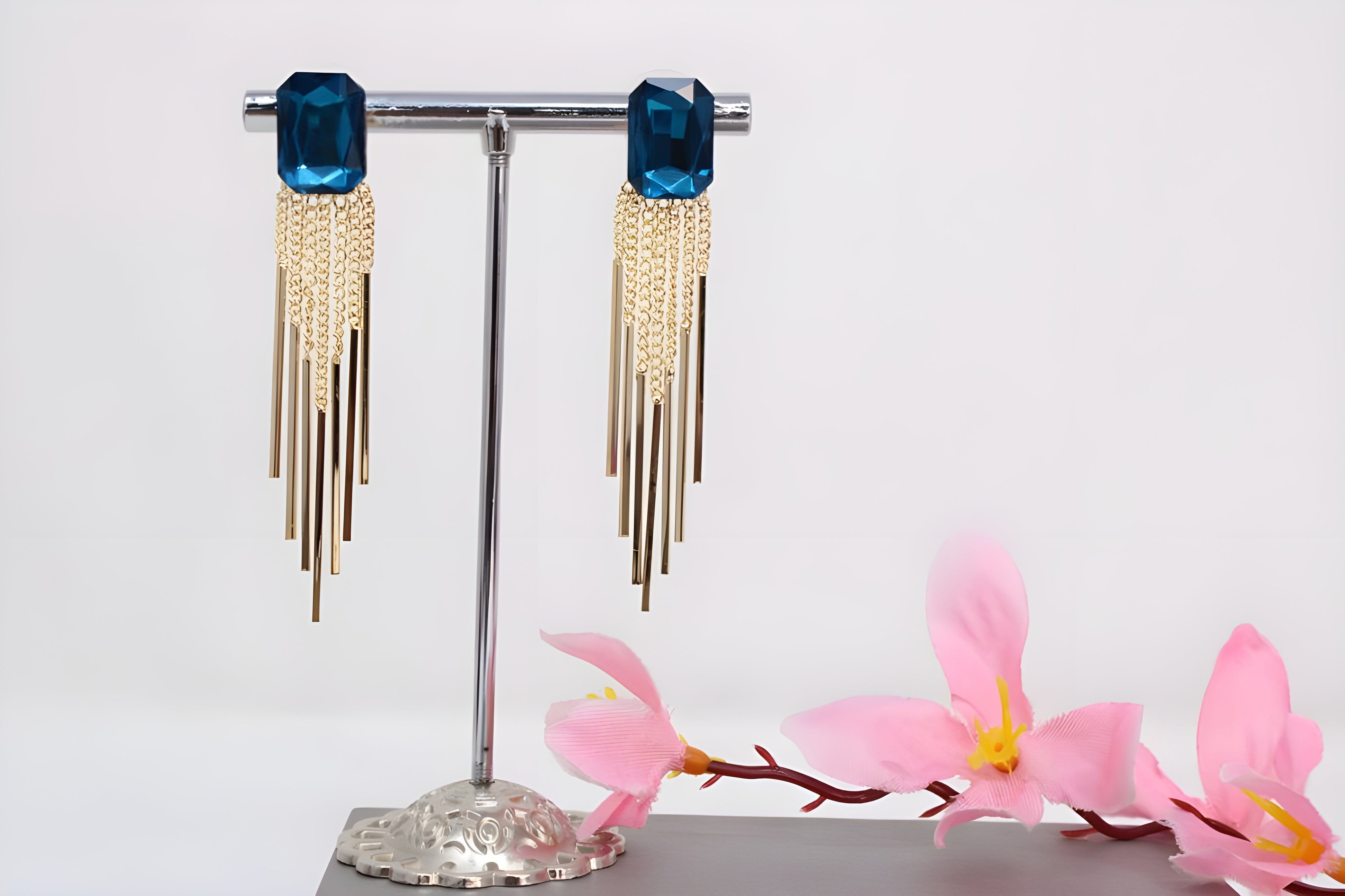 Luminous Azure Tears with Cascading Golden Earrings