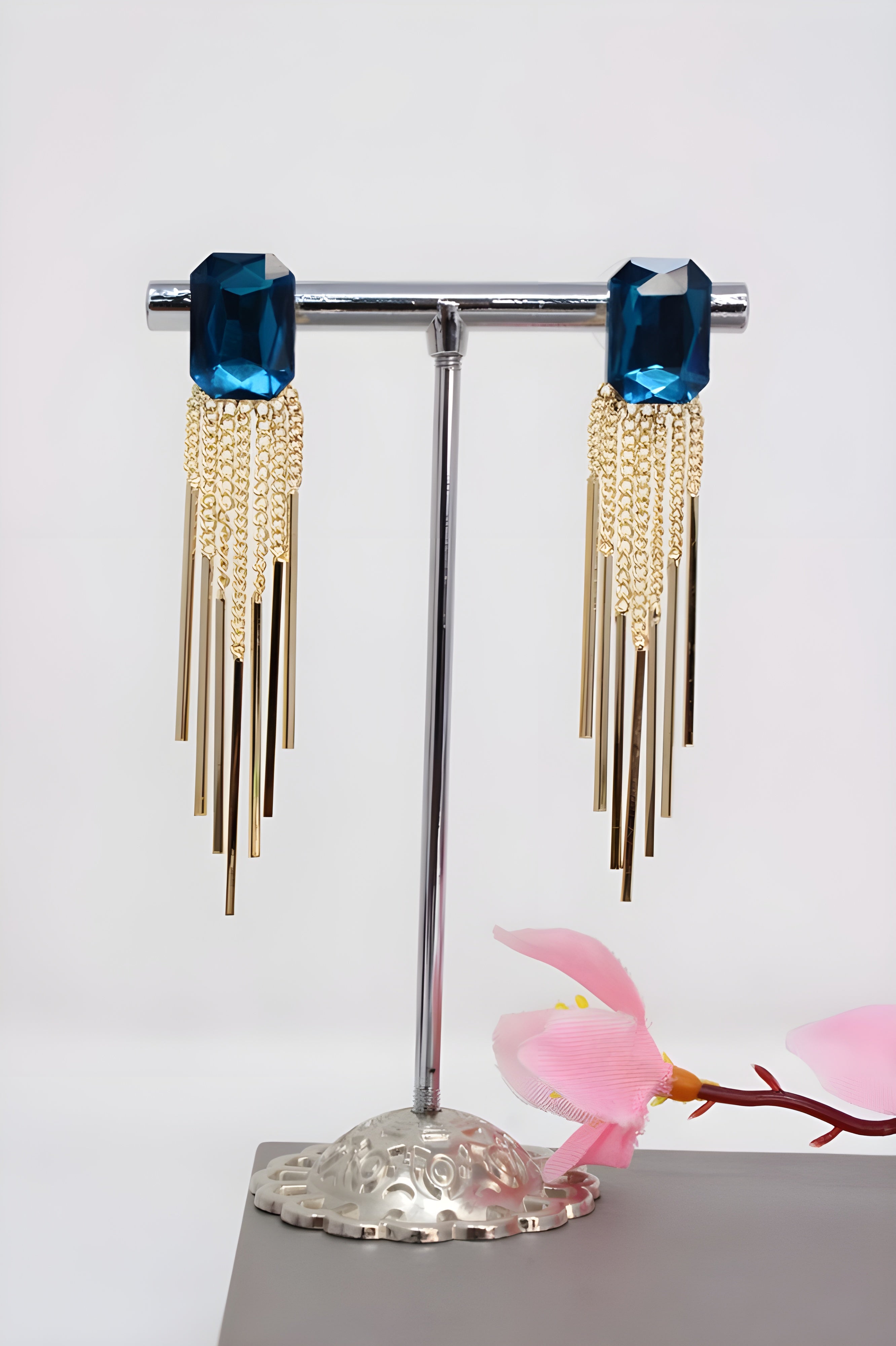 Luminous Azure Tears with Cascading Golden Earrings