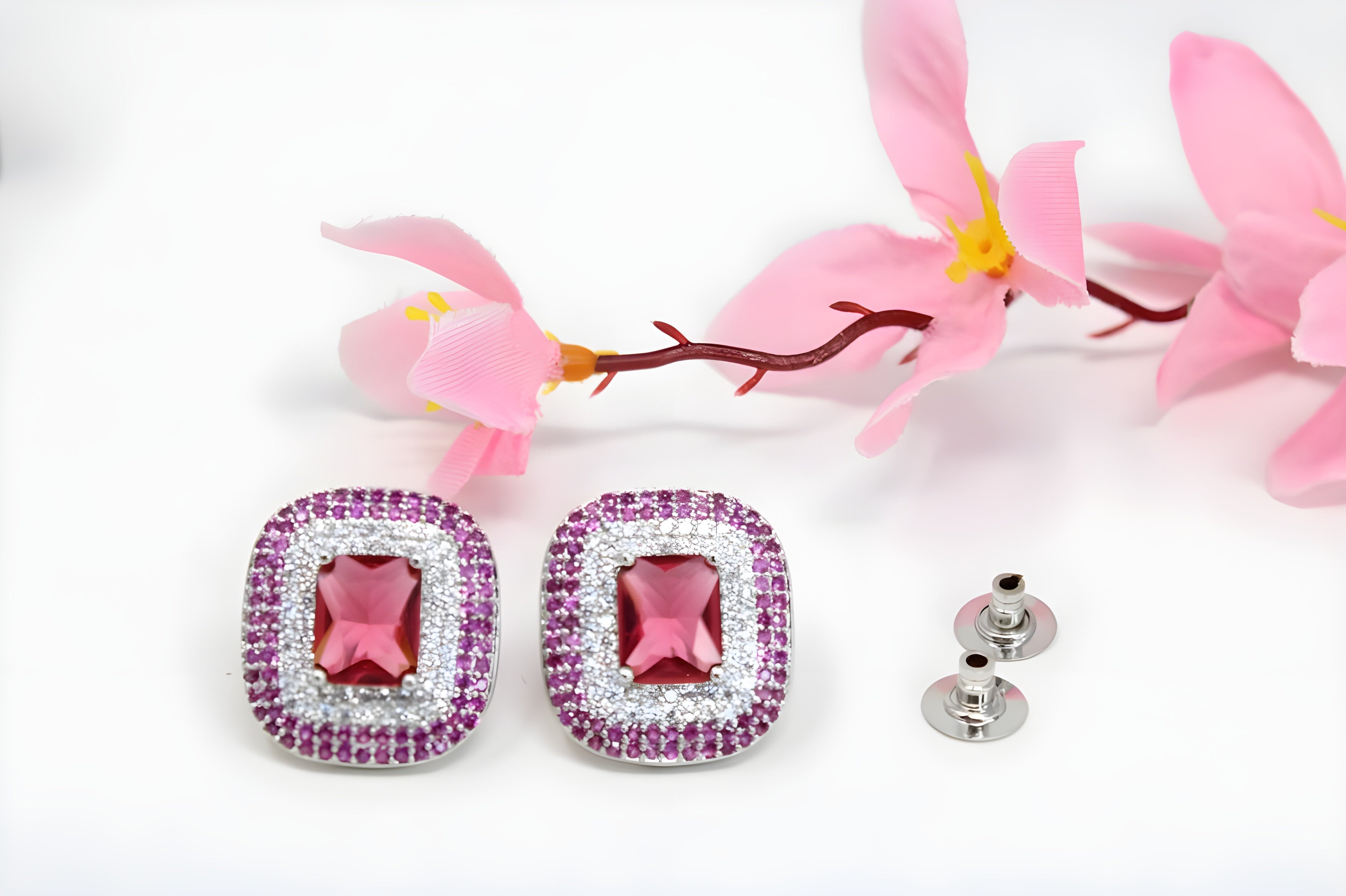 Micro Pave Diamond Stud Earrings with Center Gemstone