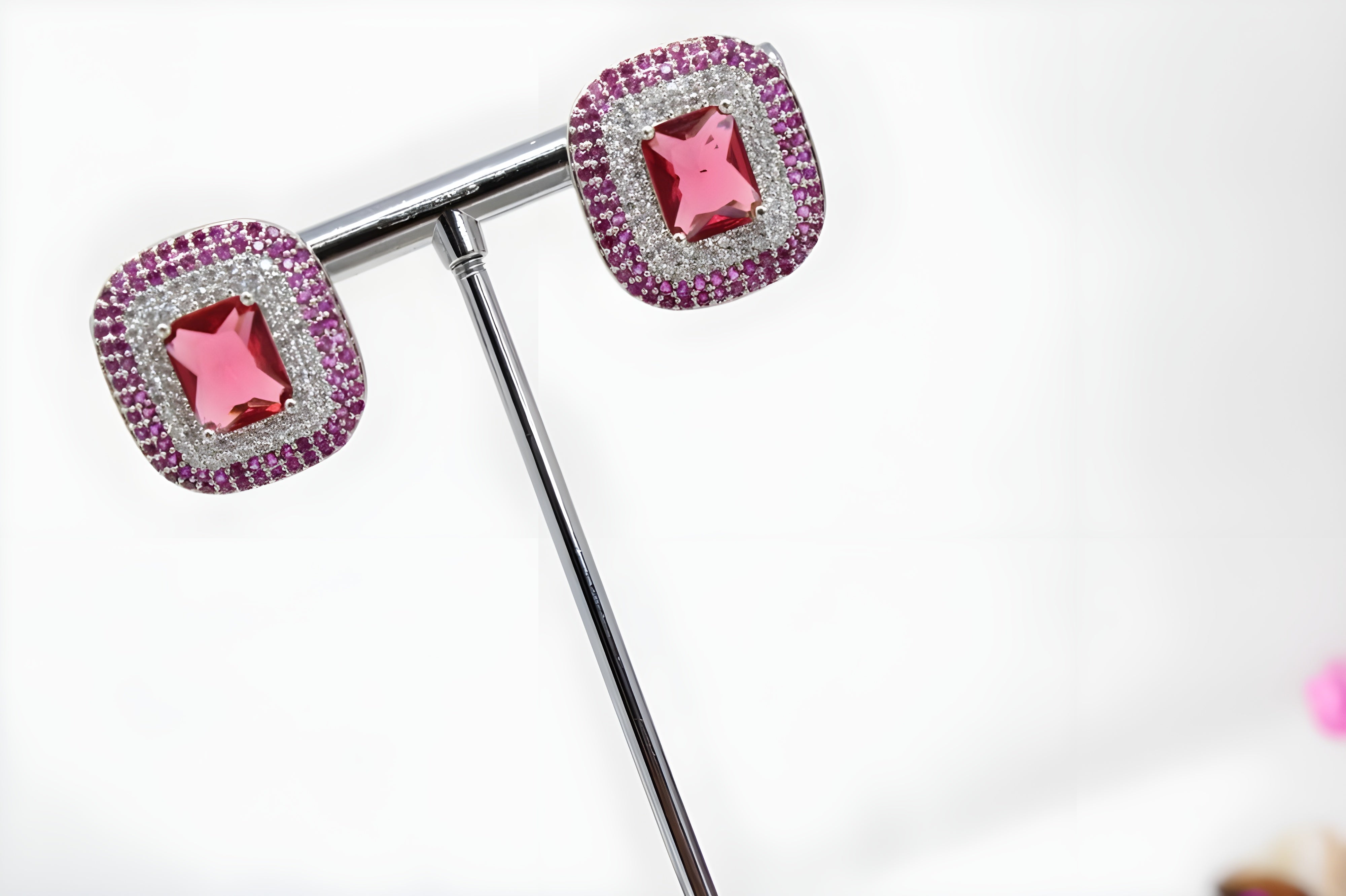 Micro Pave Diamond Stud Earrings with Center Gemstone