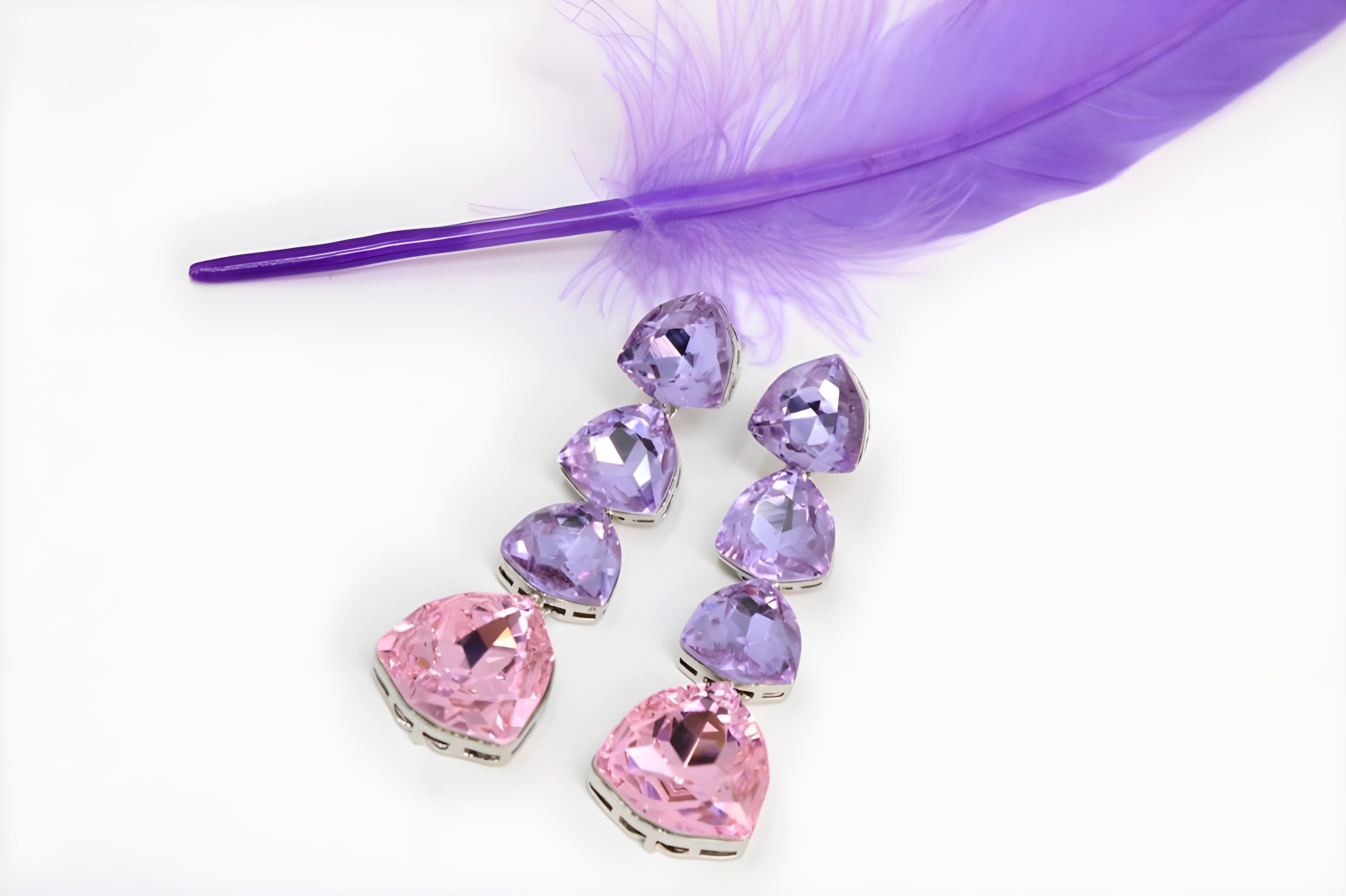 Sterling Silver Double Stone Heart Drop Earrings with Amethyst Crystals