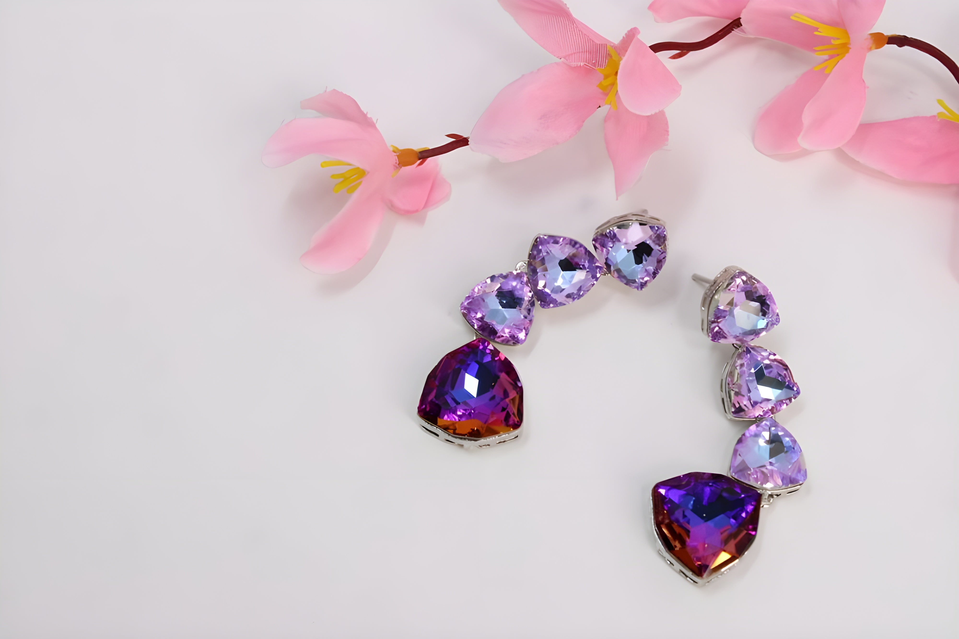 Sterling Silver Double Stone Heart Drop Earrings with Amethyst Crystals