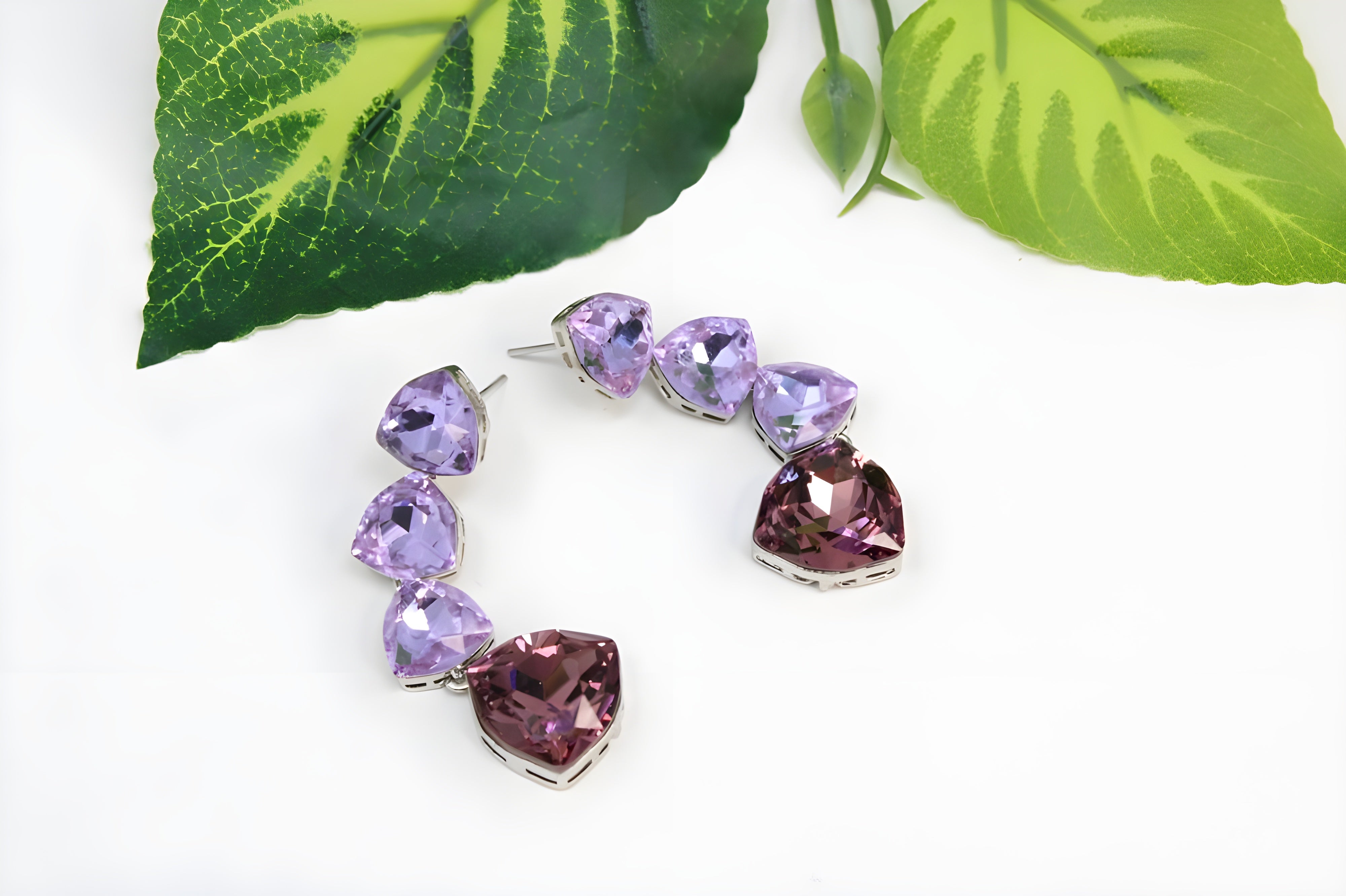 Sterling Silver Double Stone Heart Drop Earrings with Amethyst Crystals