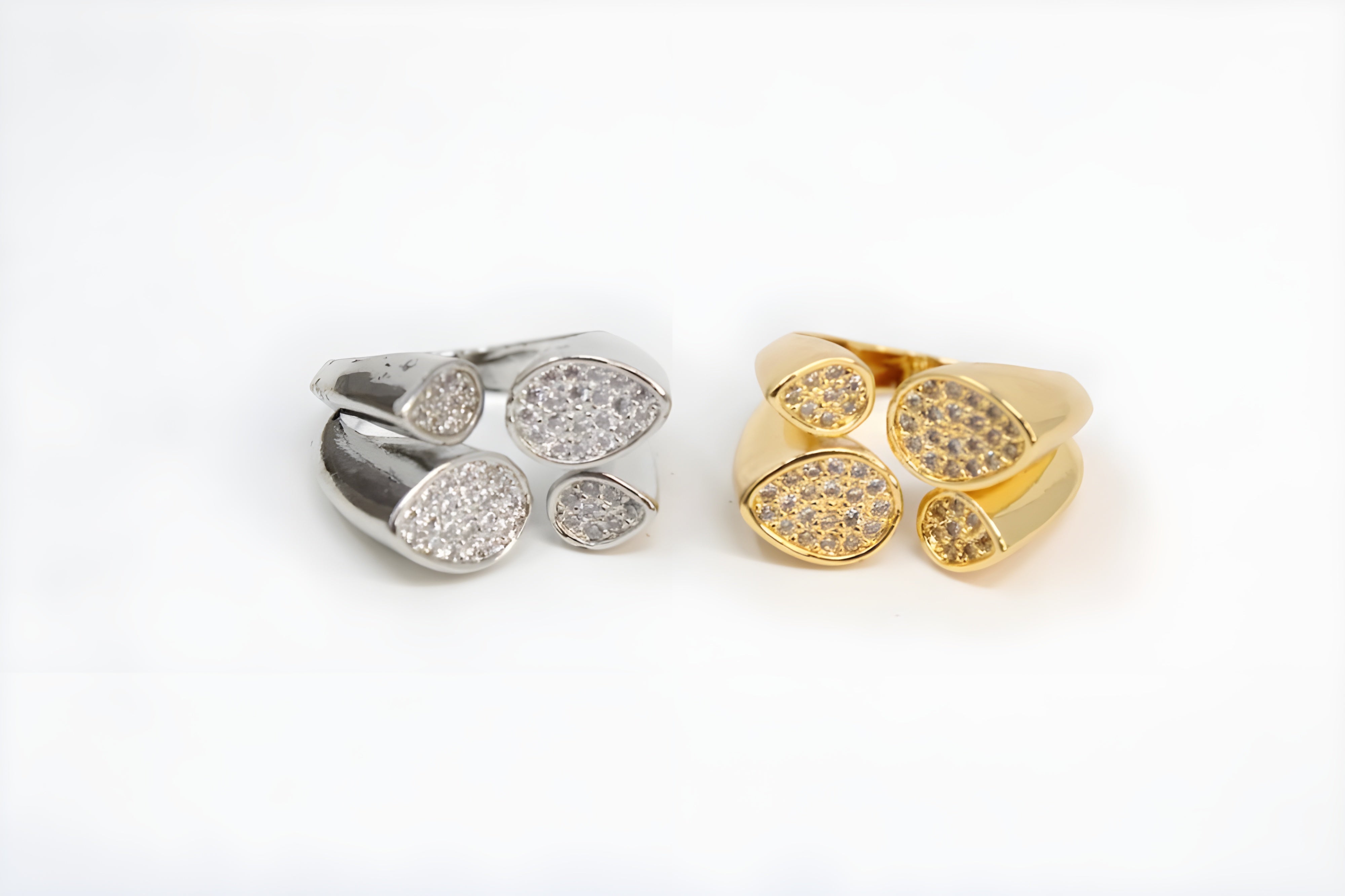 Golden & Silver Dual-Leaf Crystal Ring