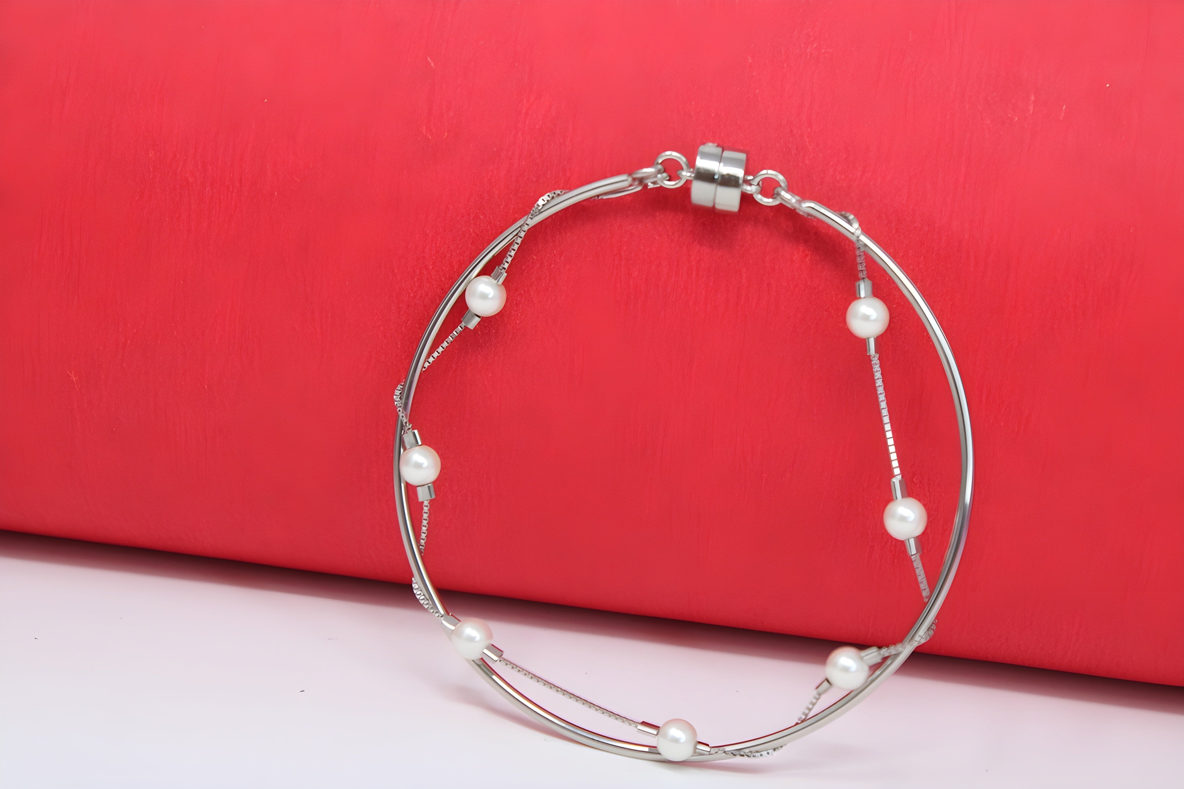 Sterling Silver VeeLux Premium Crystal White Pearl Round Elegance Bracelet