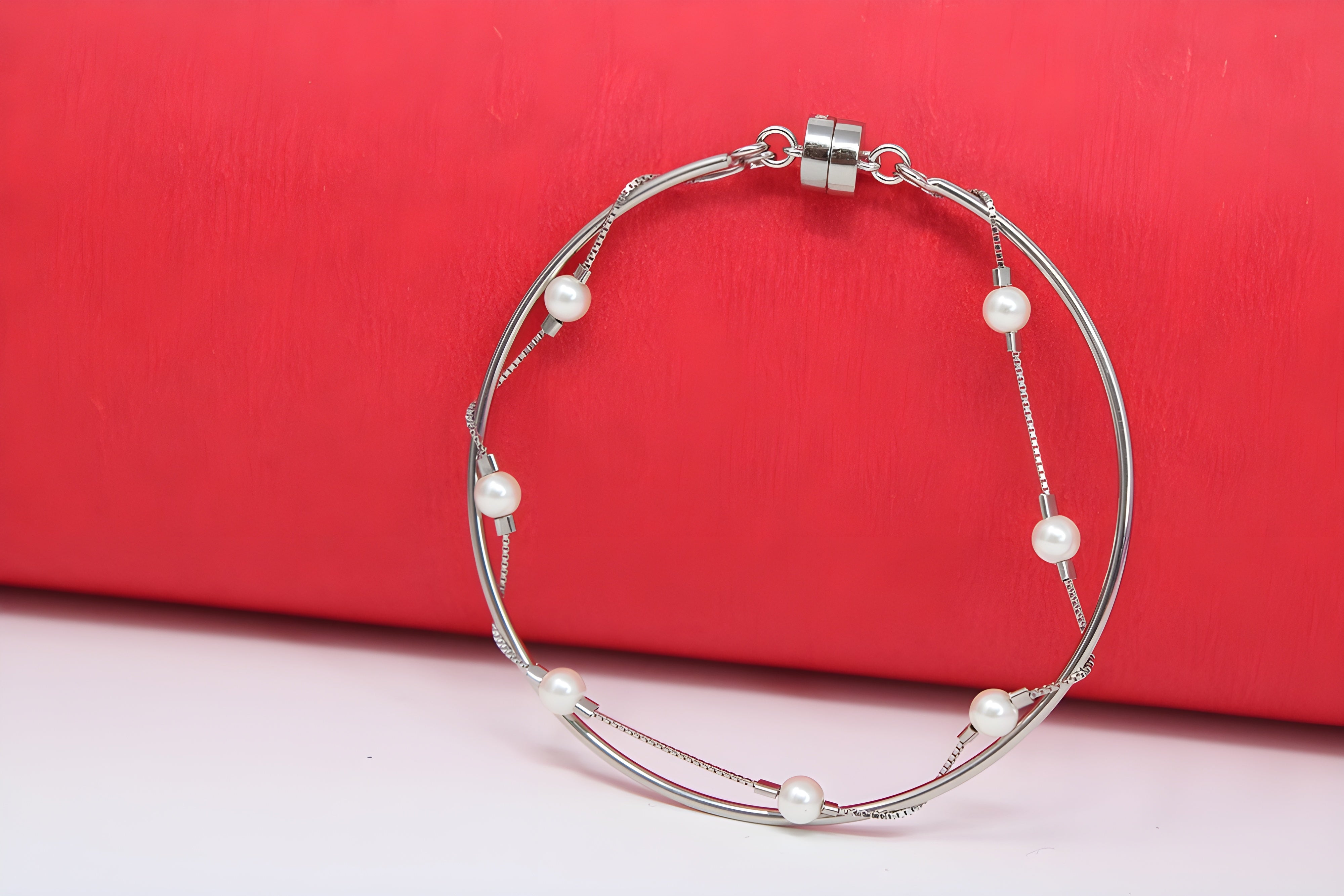 Sterling Silver VeeLux Premium Crystal White Pearl Round Elegance Bracelet