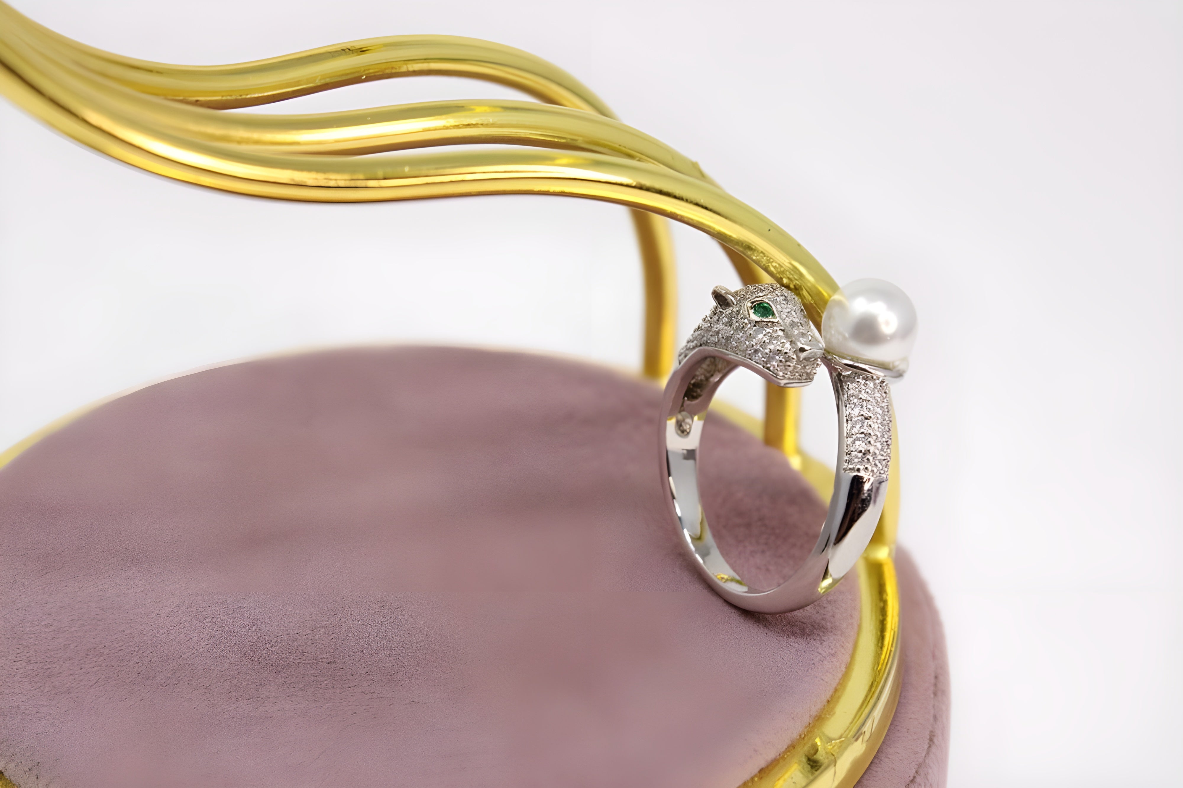 Golden & Silver Panther Pearl Crystal Ring